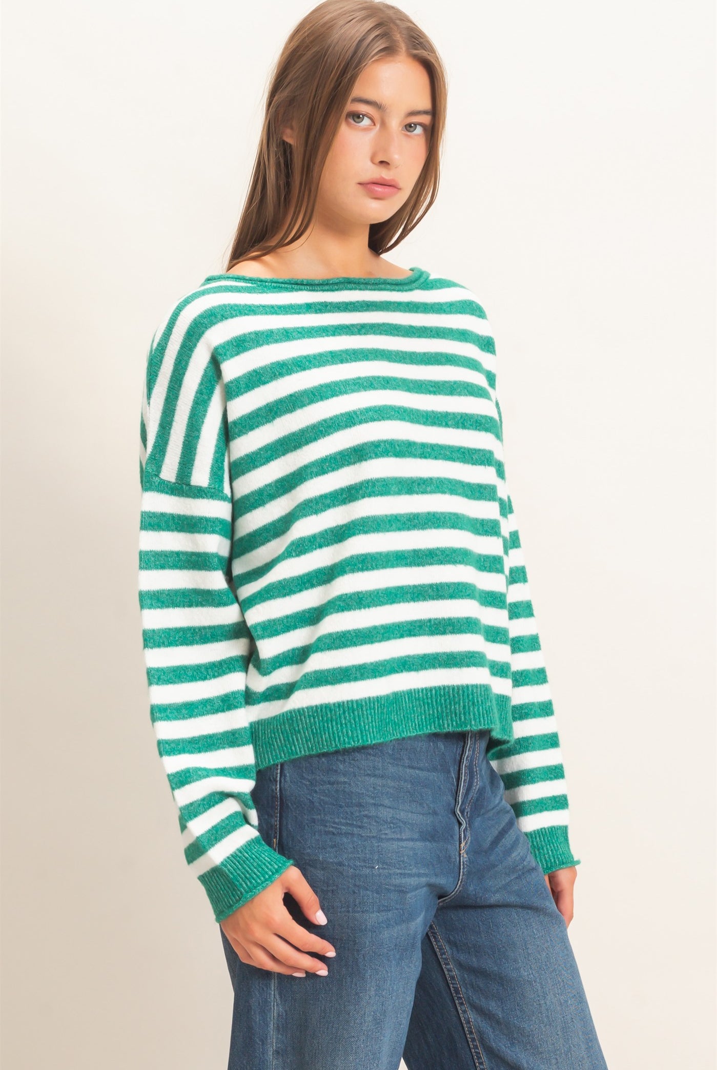 Wholesale Off The Shoulder Striped Sweater Sweaters DZ26E653 EMERALD DOUBLE ZERO