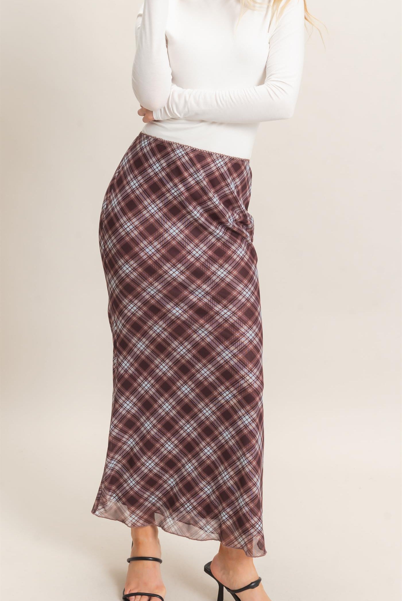 Wholesale Printed Mesh Maxi Skirt Skirts HF26F214 BROWN/PLAID HYFVE