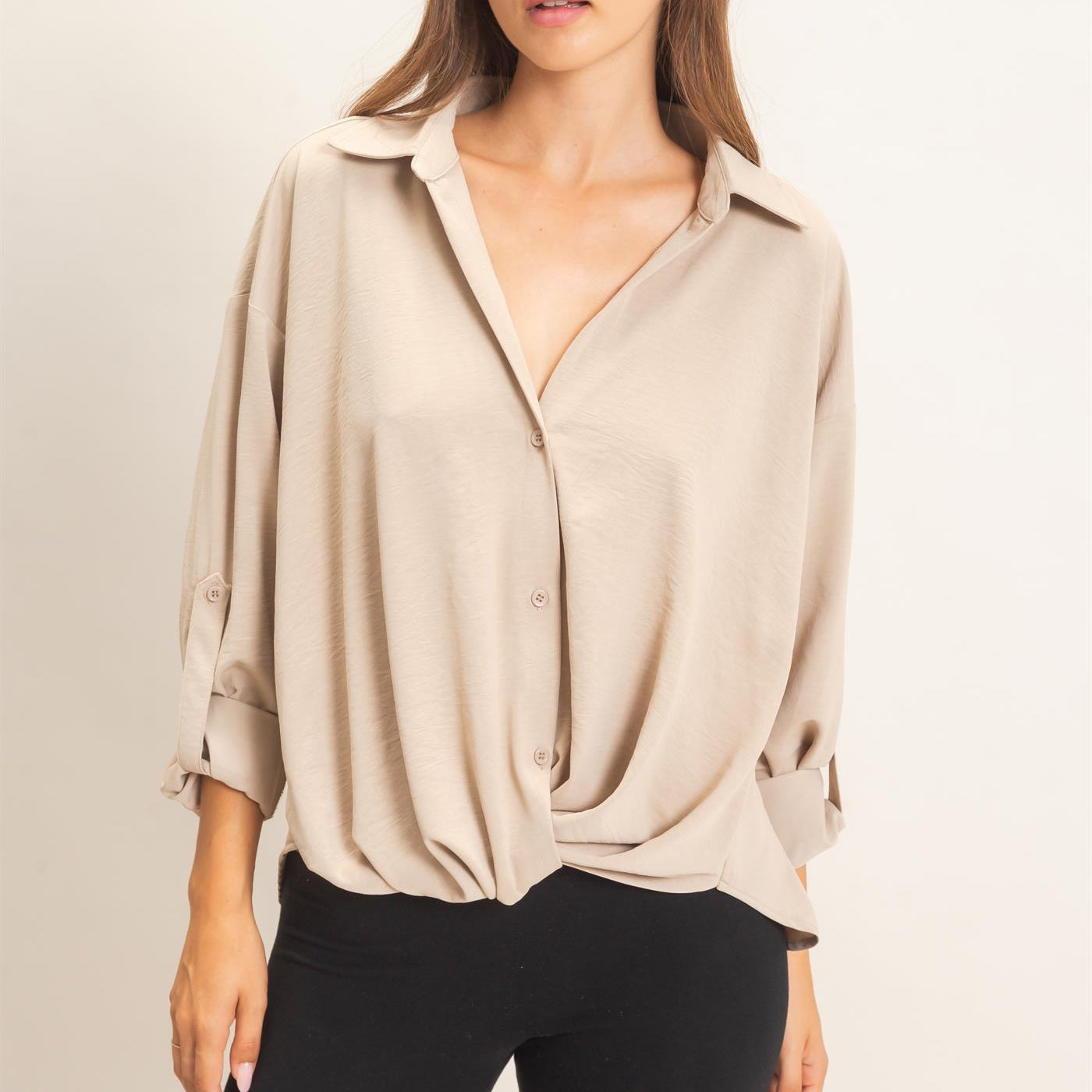 Wholesale Button-Up Dolman Sleeve Top Shirts HF26F070 BEIGE HYFVE