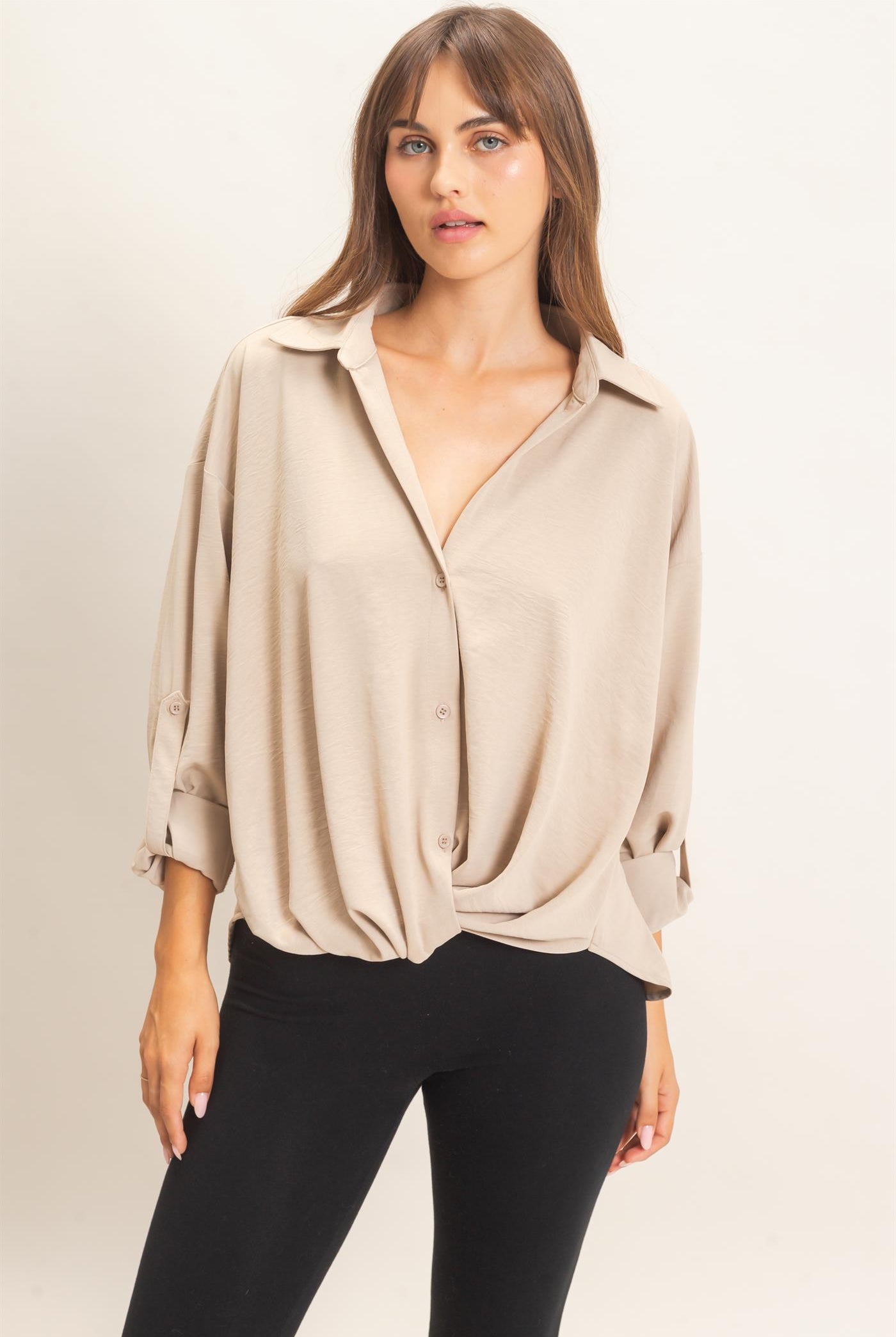 Wholesale Button-Up Dolman Sleeve Top Shirts HF26F070 BEIGE HYFVE