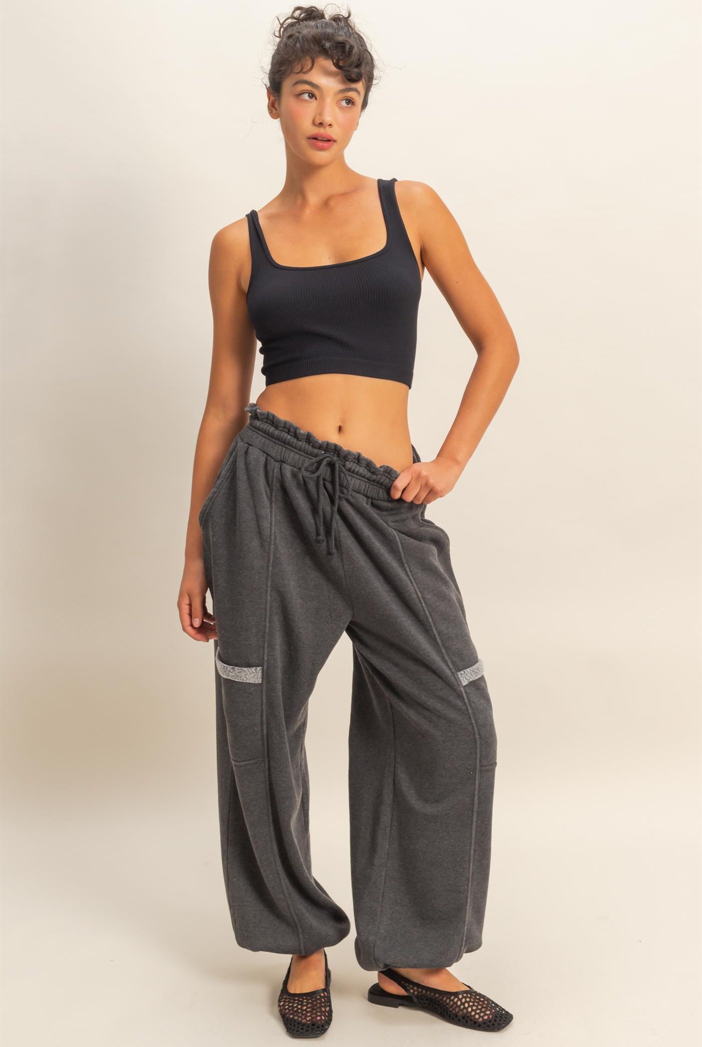 Wholesale Ruffle Waist Burnout Jogger Pants Joggers DZ26A685 BLACK DOUBLE ZERO