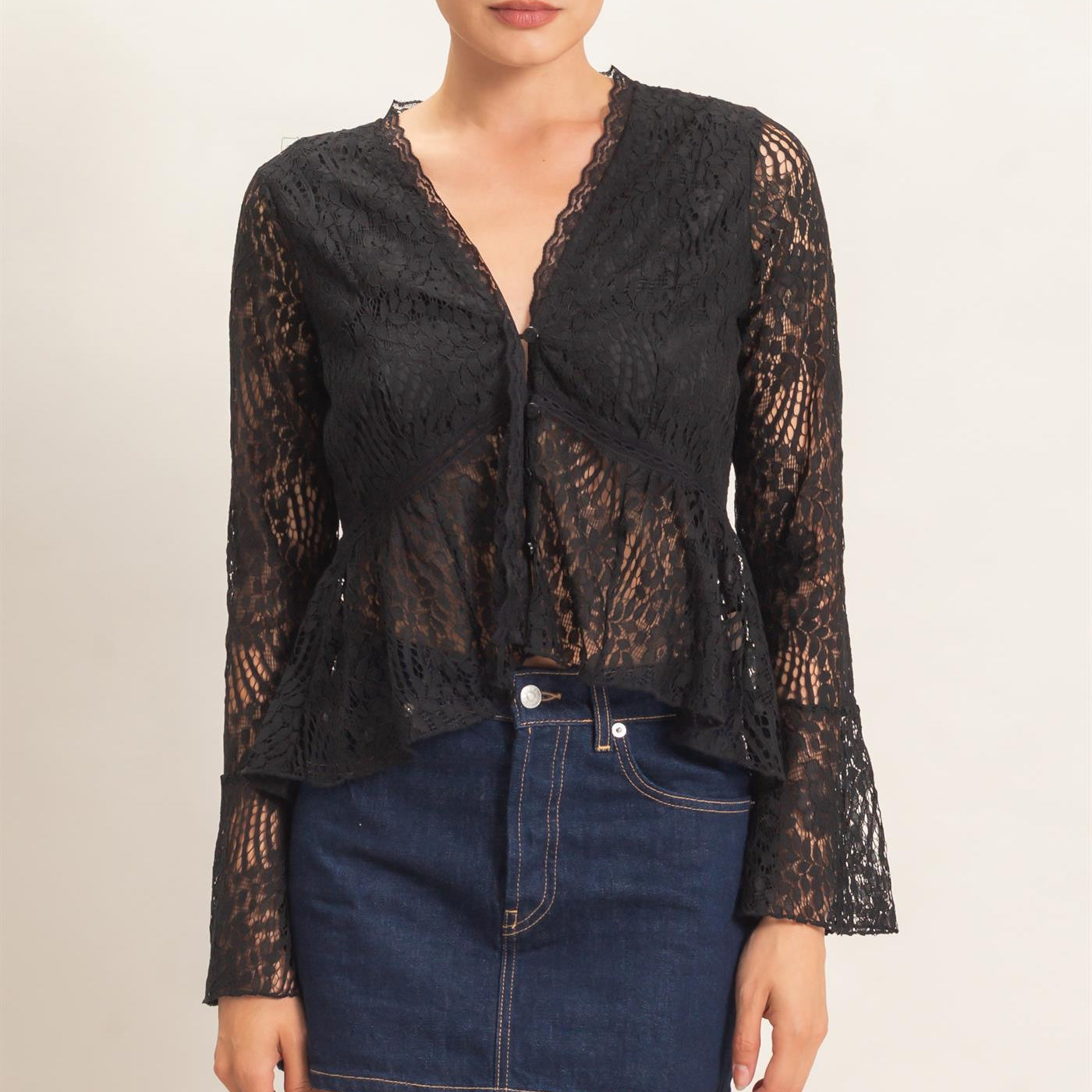Wholesale Lace V-Neck Peplum Top Clothing Tops HF26E560 BLACK HYFVE