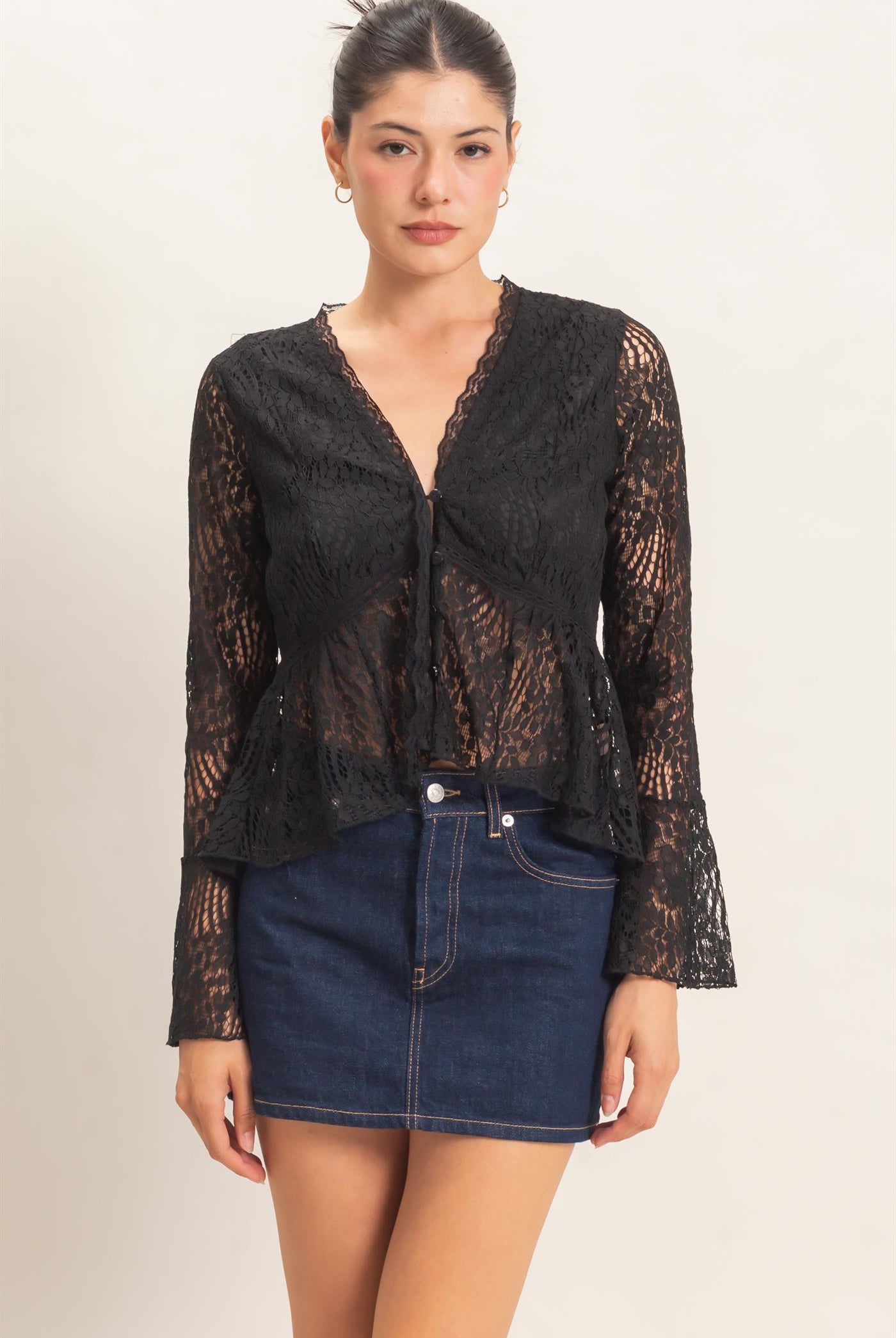 Wholesale Lace V-Neck Peplum Top Clothing Tops HF26E560 BLACK HYFVE