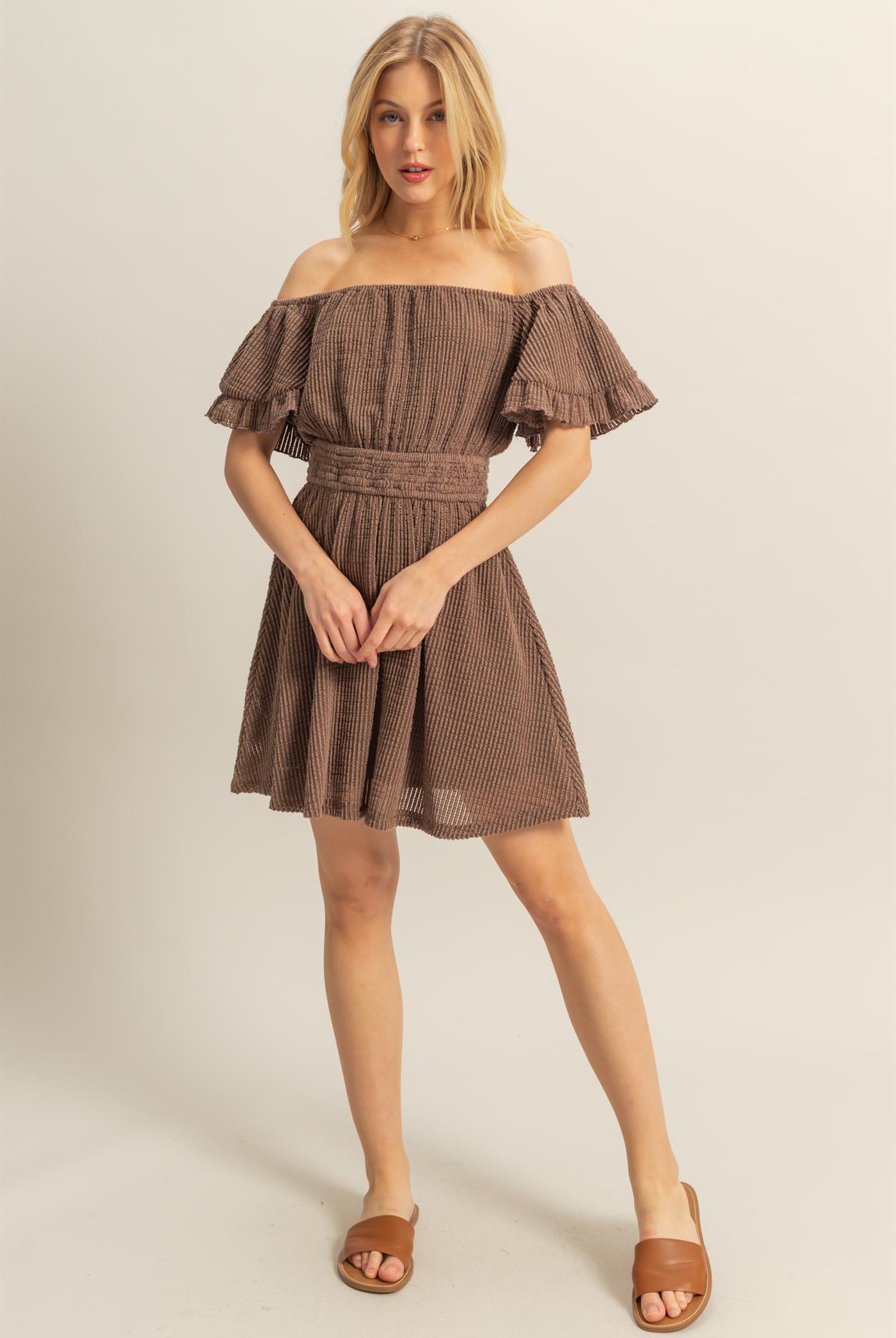 Wholesale Crochet Off-The-Shoulder Mini Dress Dresses HF25E125 BROWN HYFVE