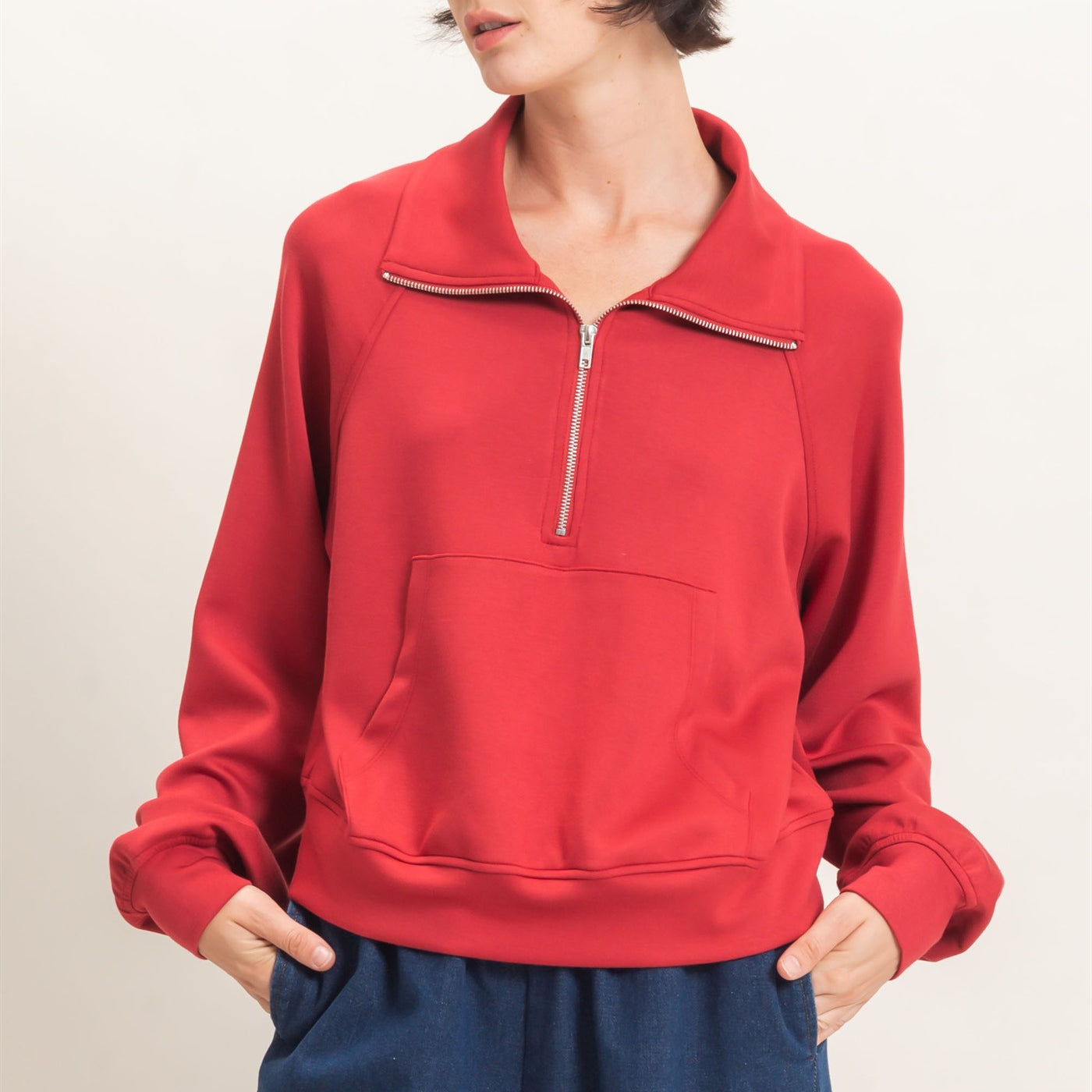 Wholesale Half-Zip Collar Raglan Pullover Sweatshirts DZ26C967 DARK RED DOUBLE ZERO