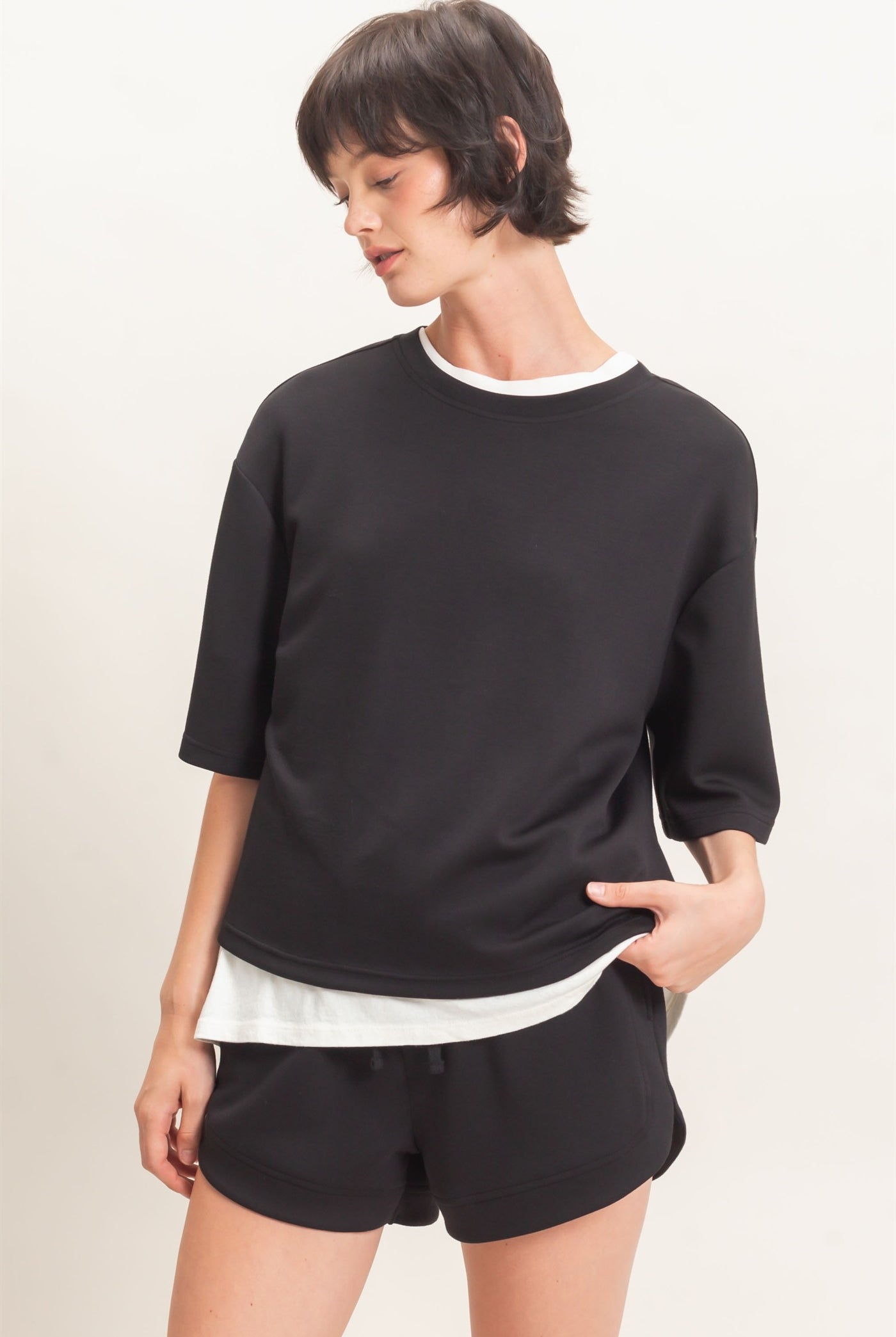 Wholesale Loose Fit Crew Neck Short Sleeve Top Clothing Tops DZ26C965 BLACK DOUBLE ZERO