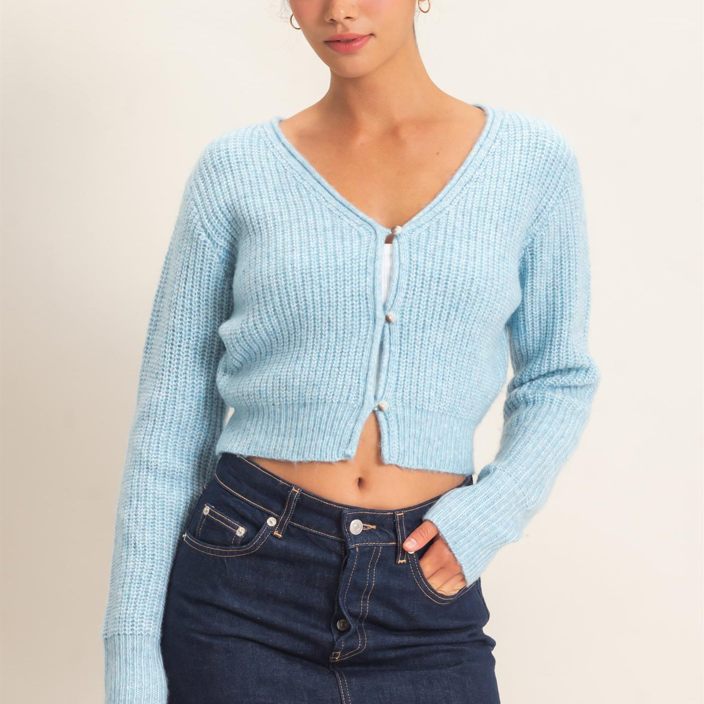 Wholesale V-Neck Ribbed Cardigan Cardigans DZ26E106 BLUE DOUBLE ZERO