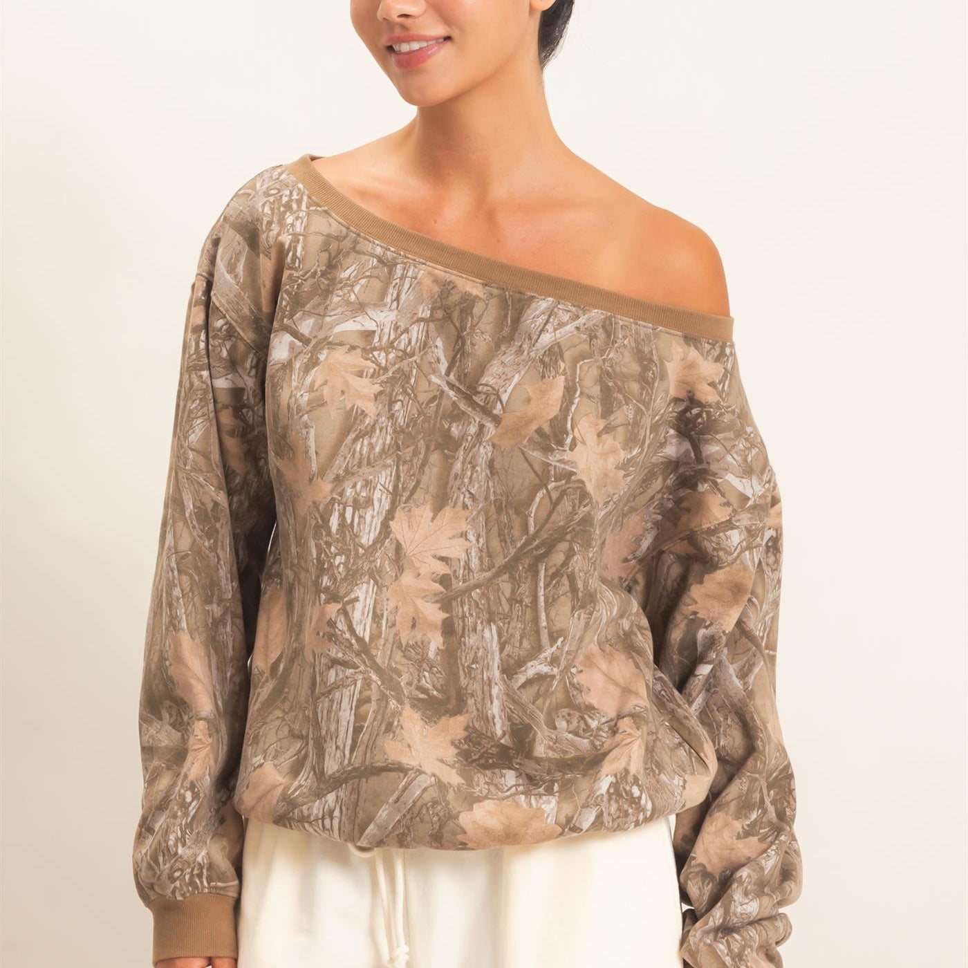 Wholesale Tree Camouflage Print Off The Shoulder Sweatshirt Sweatshirts DZ26F310 BROWN DOUBLE ZERO