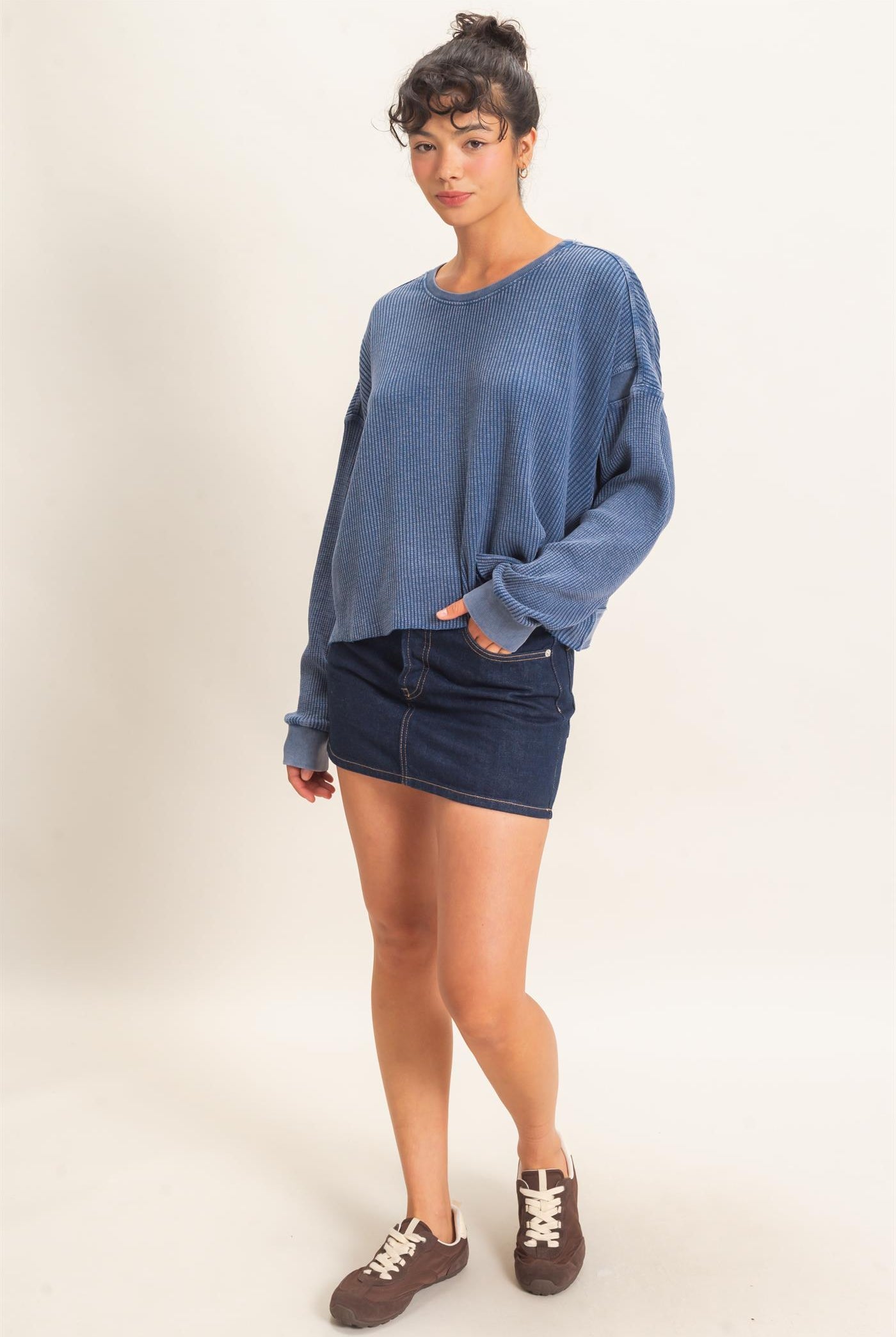Wholesale Mineral Wash Waffle Open Back Top Clothing Tops DZ26C964 NAVY DOUBLE ZERO