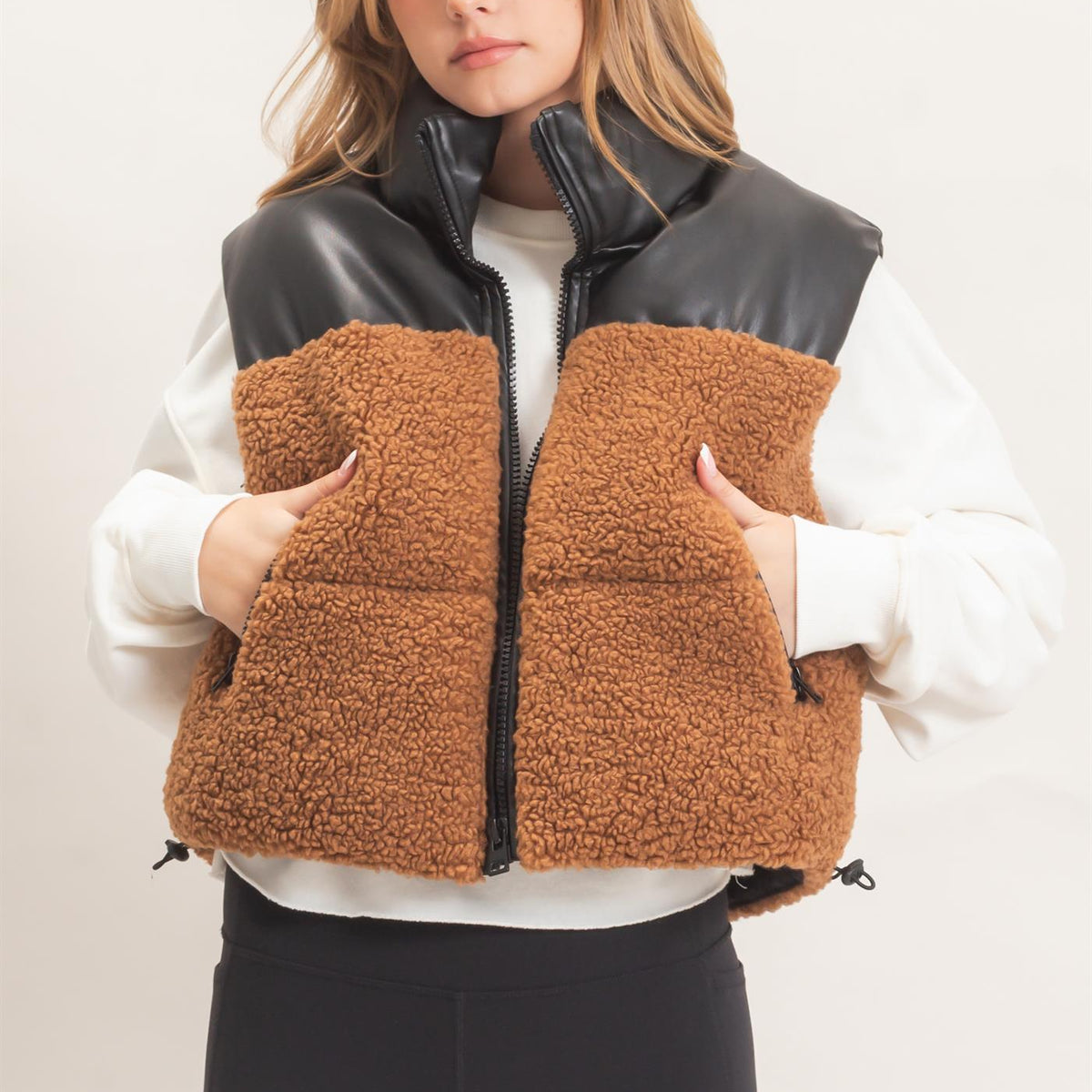 Wholesale Faux Fur & Pu Padded Vest Outerwear HF26F204 LIGHT BROWN HYFVE