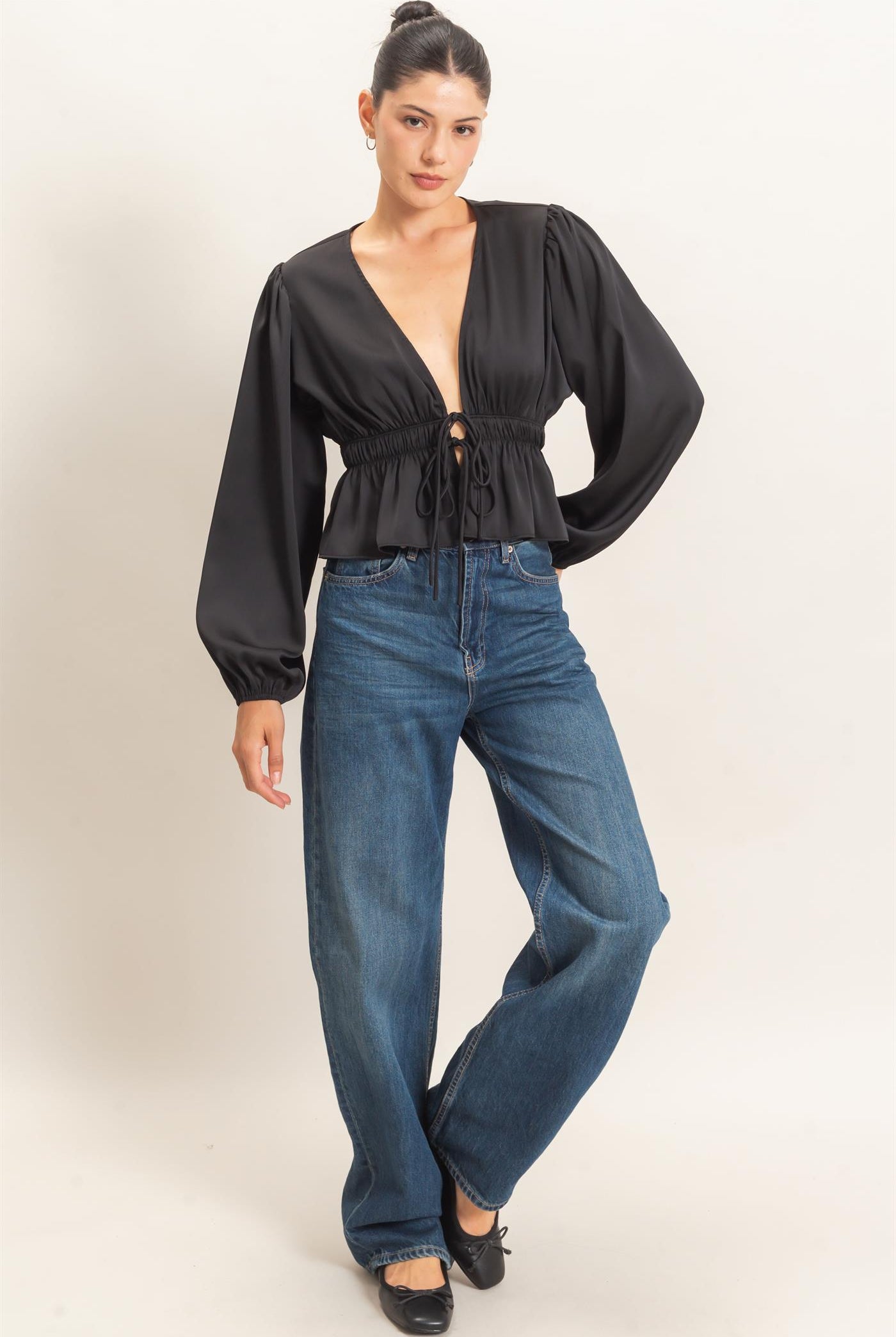 Wholesale Plunging Tie-Front Blouse Blouses HF26F082 BLACK HYFVE