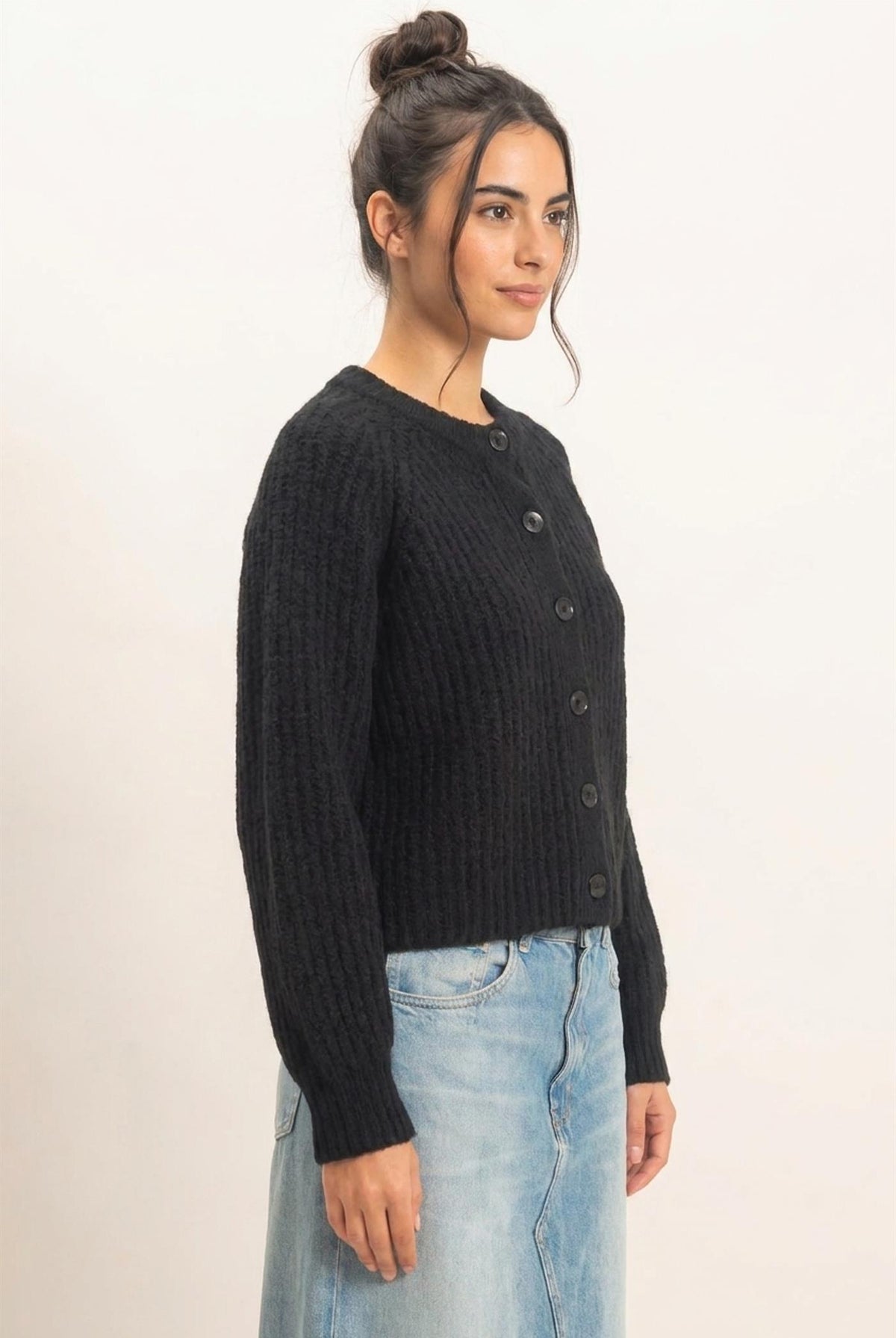 Wholesale Ribbed Button Front Cardigan Cardigans DZ26E109 BLACK DOUBLE ZERO