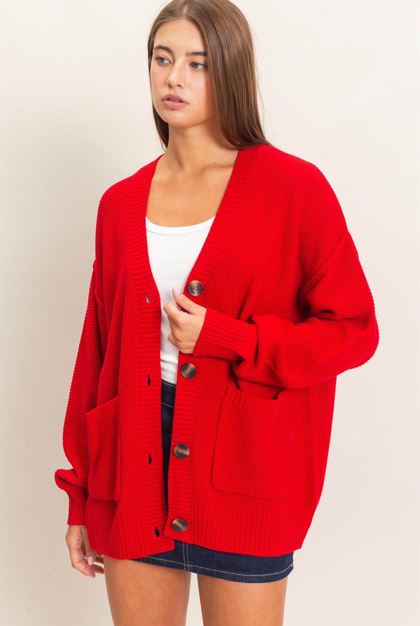 Wholesale Textured Oversized Knit Buttoned Cardigan Cardigans DZ26C971 RED DOUBLE ZERO