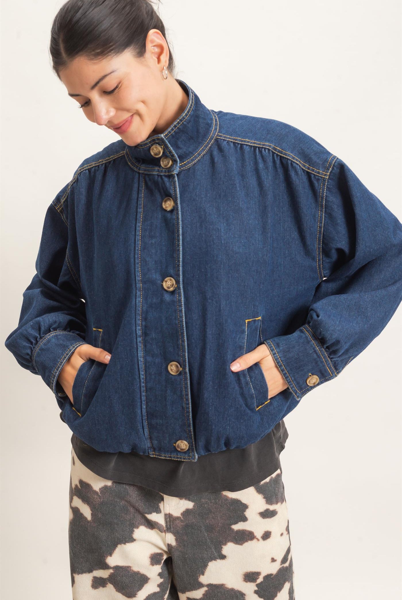 Wholesale High Collar Denim Bomber Jacket Coats & Jackets HF26E090-D DARK DENIM HYFVE
