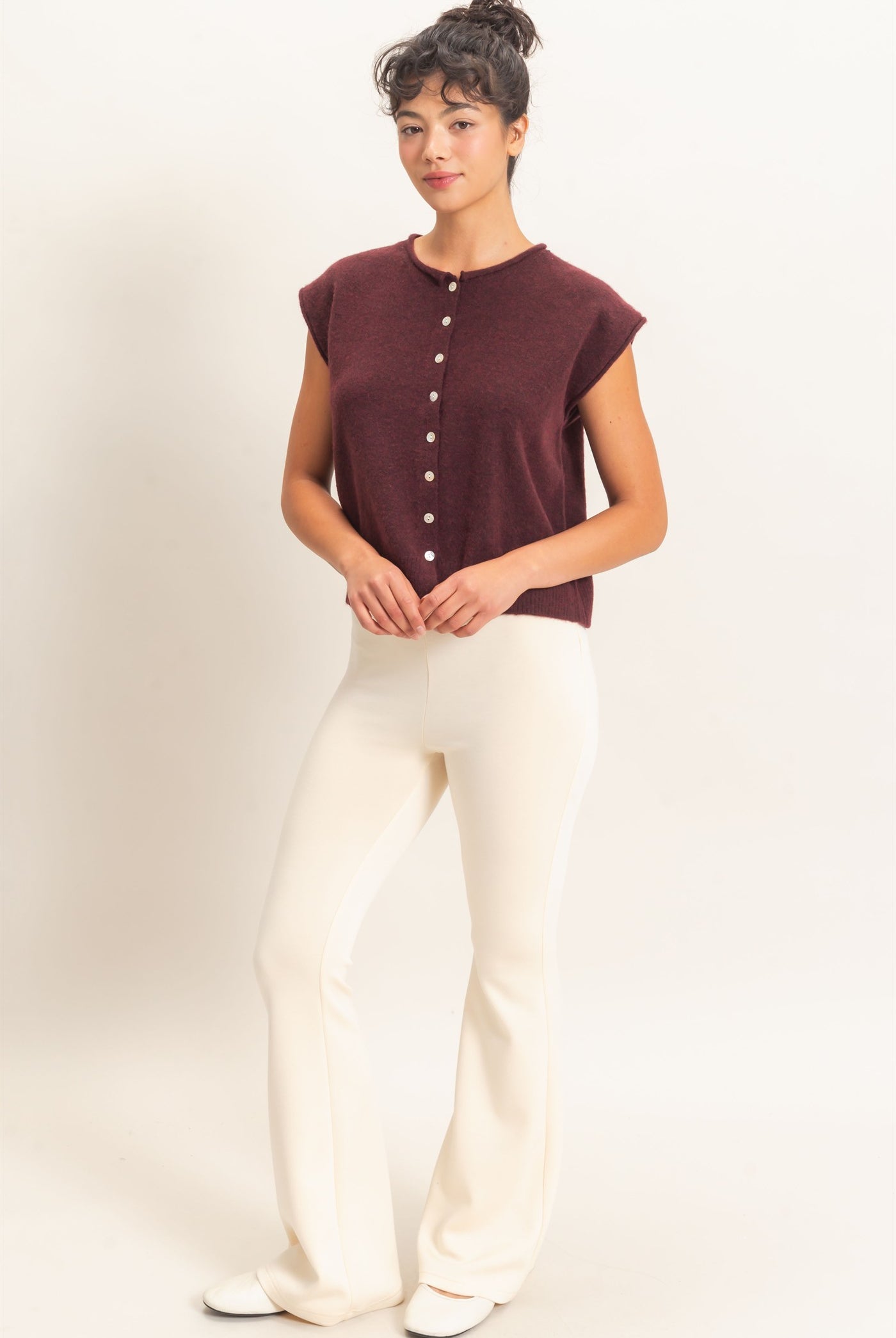 Wholesale Rolled Edge Button Front Sweater Vest Sweaters DZ26E239 DARK CHERRY DOUBLE ZERO