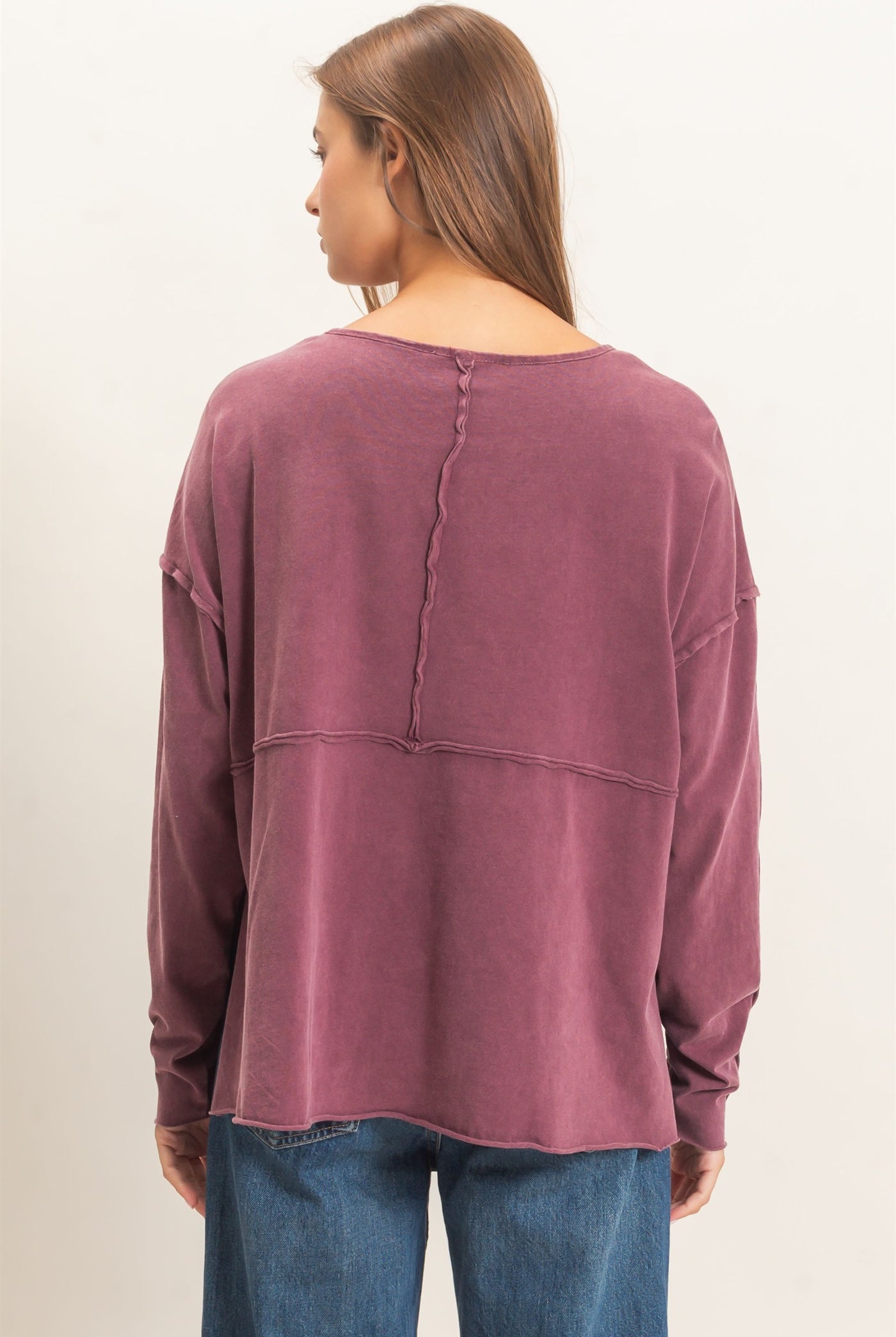 Wholesale Oversized Henley Top With Raw Edges Clothing Tops DZ26F128 DARK CHERRY DOUBLE ZERO