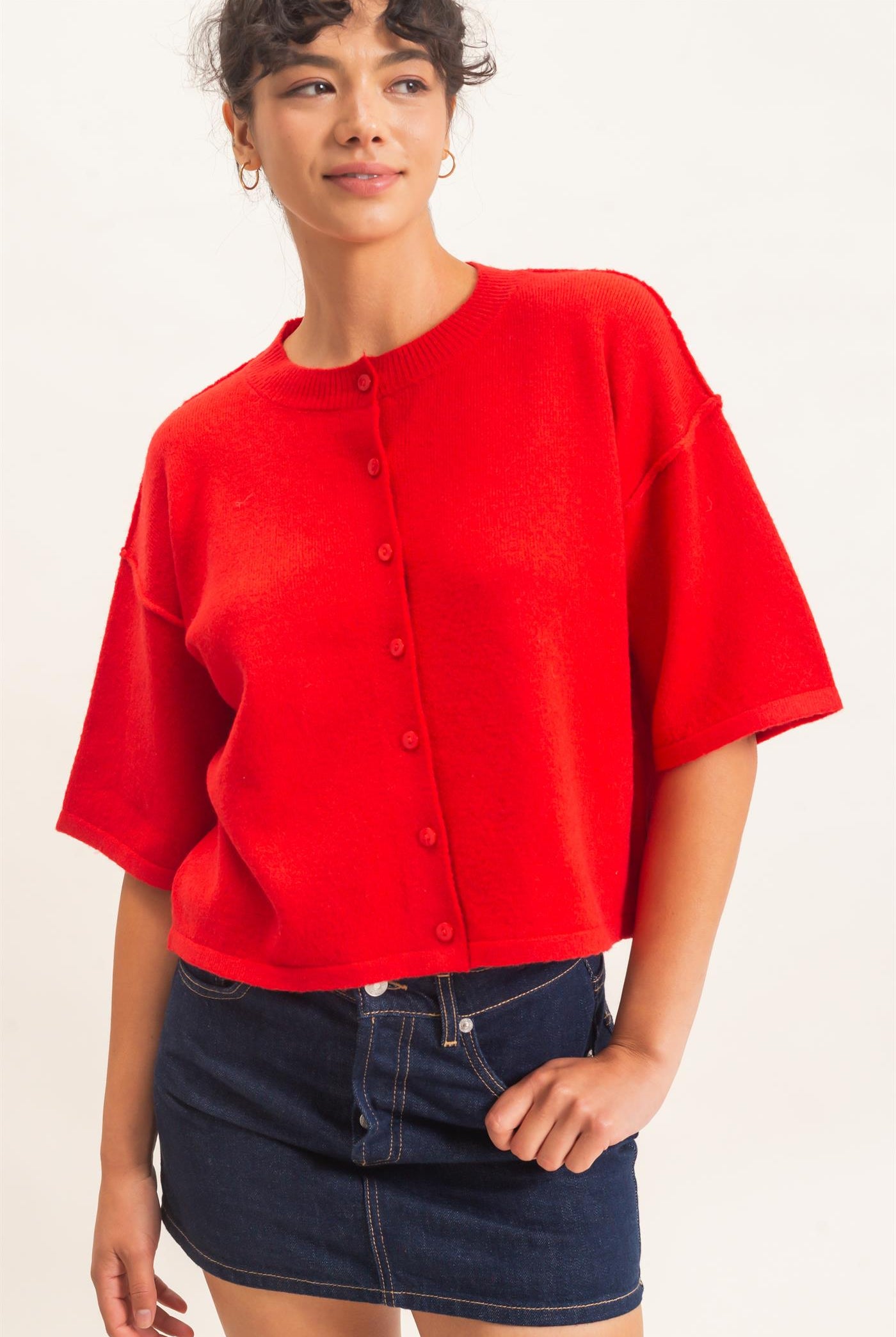 Wholesale Drop Shoulder Short Sleeve Cardigan Cardigans DZ26E238 RED DOUBLE ZERO