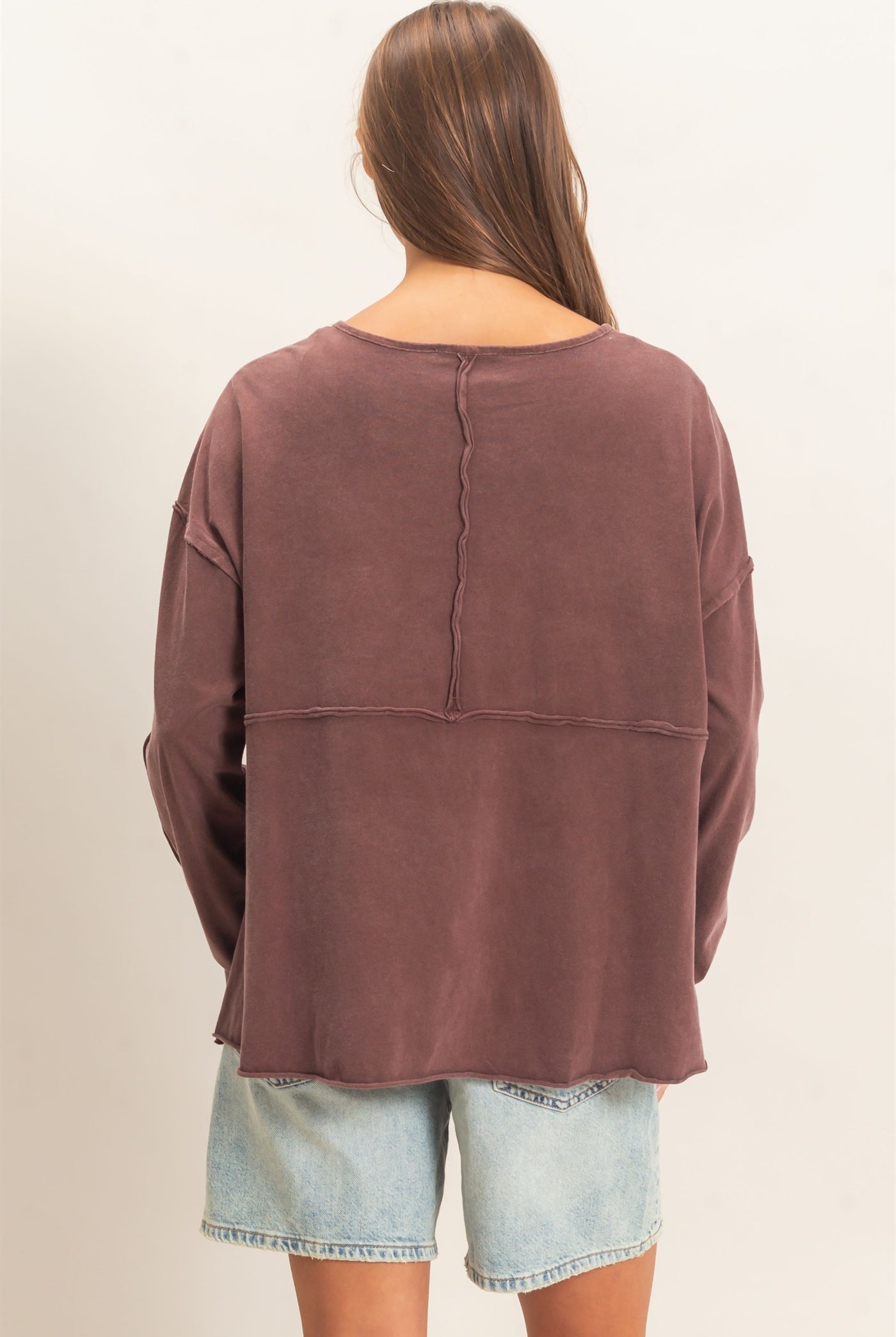 Wholesale Oversized Henley Top With Raw Edges Clothing Tops DZ26F128 DARK BROWN DOUBLE ZERO