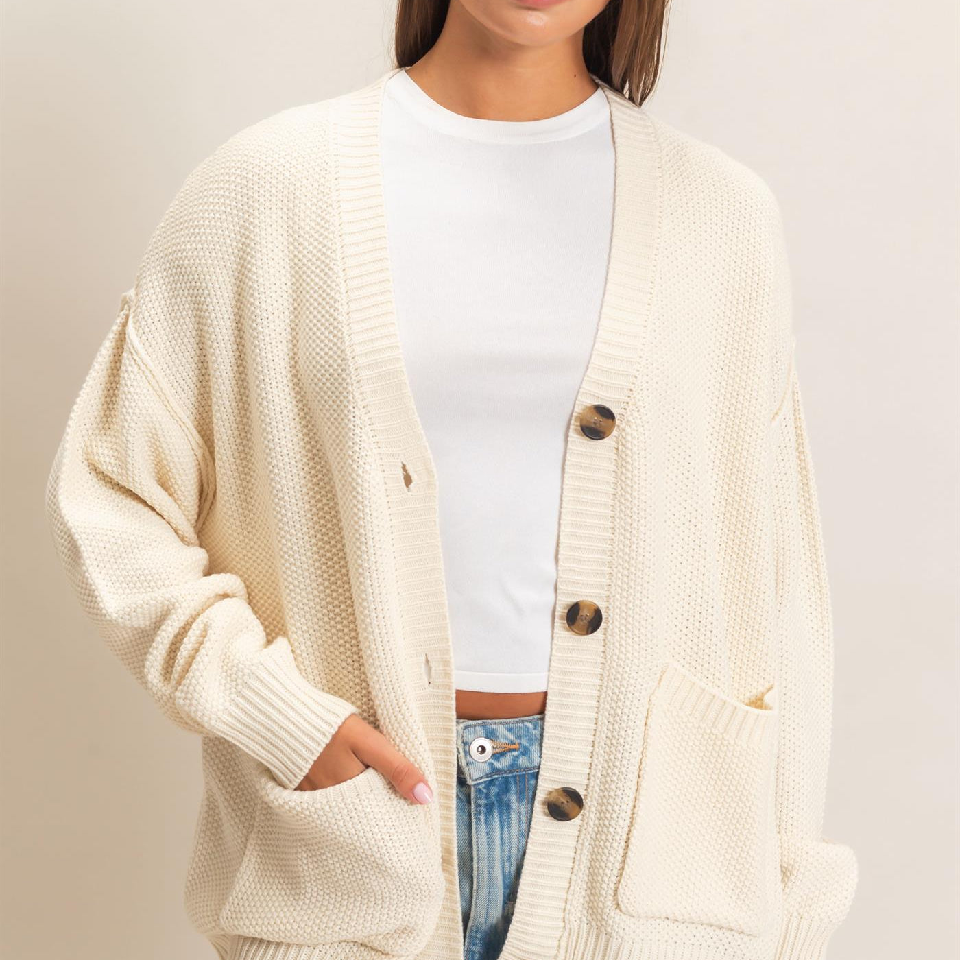 Wholesale Textured Oversized Knit Buttoned Cardigan Cardigans DZ26C971 CREAM DOUBLE ZERO
