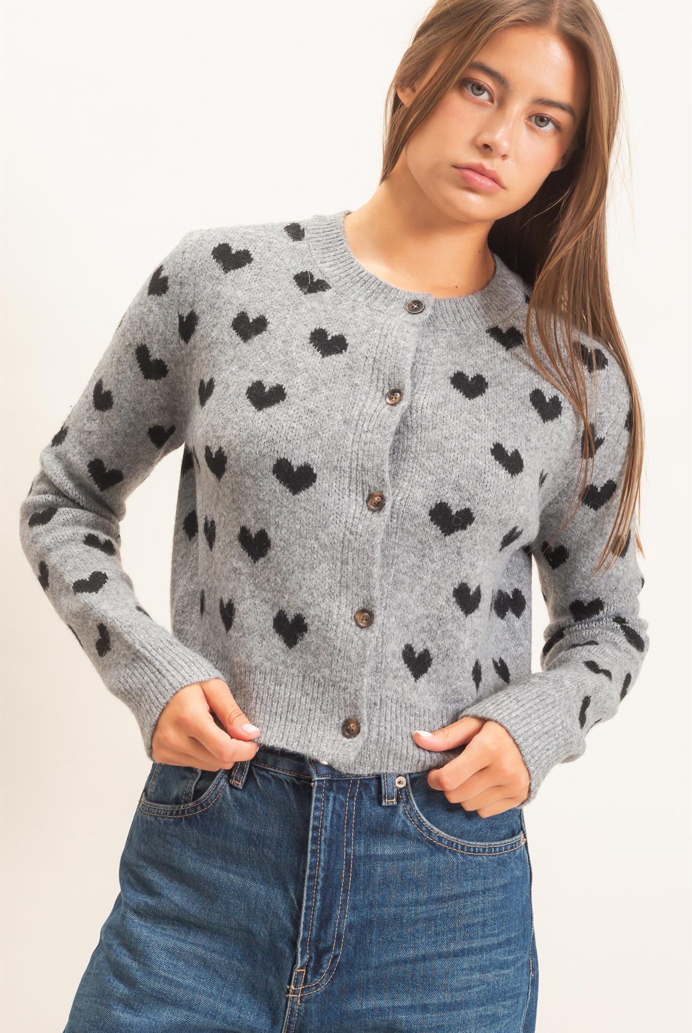 Wholesale Heart Pattern Cardigan Cardigans DZ26E320 HEATHER GRAY DOUBLE ZERO