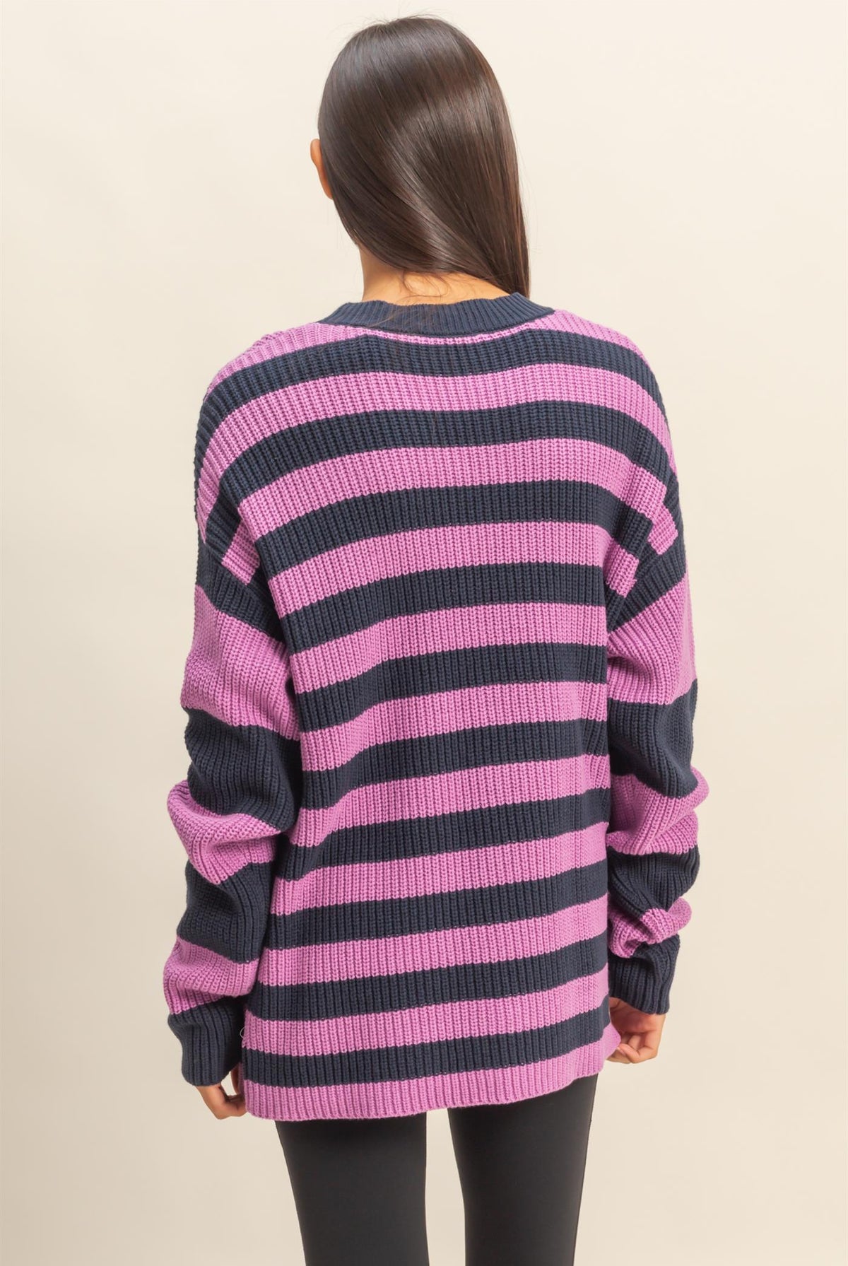 Wholesale Striped Long Sleeve Sweater Clothing Tops DZ23F071 NAVY / PURPLE DOUBLE ZERO