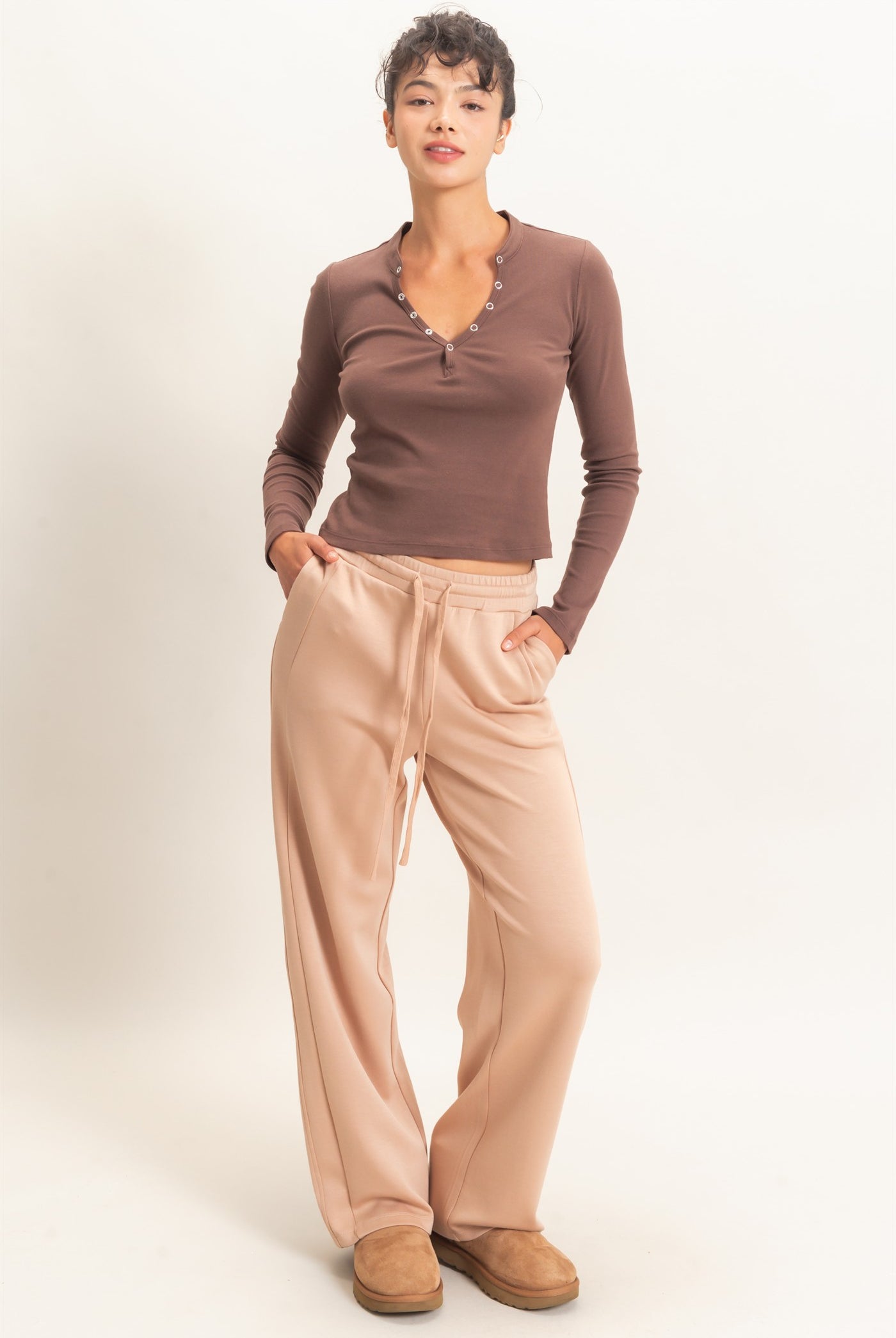 Wholesale Elastic Waist Straight Leg Pants Pants DZ26C969 DARK TAUPE DOUBLE ZERO