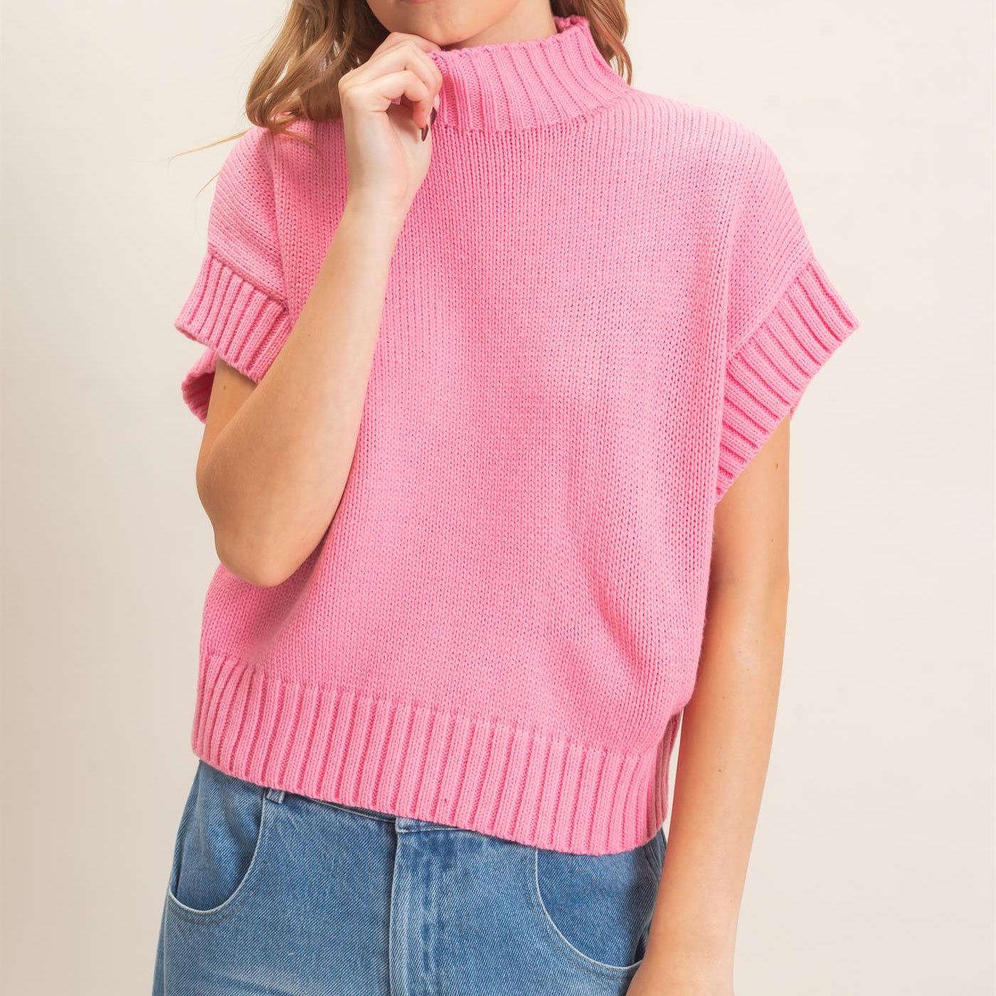 Wholesale Ribbed Mock Neck Sweater Vest Sweaters HF26F186-D PINK HYFVE
