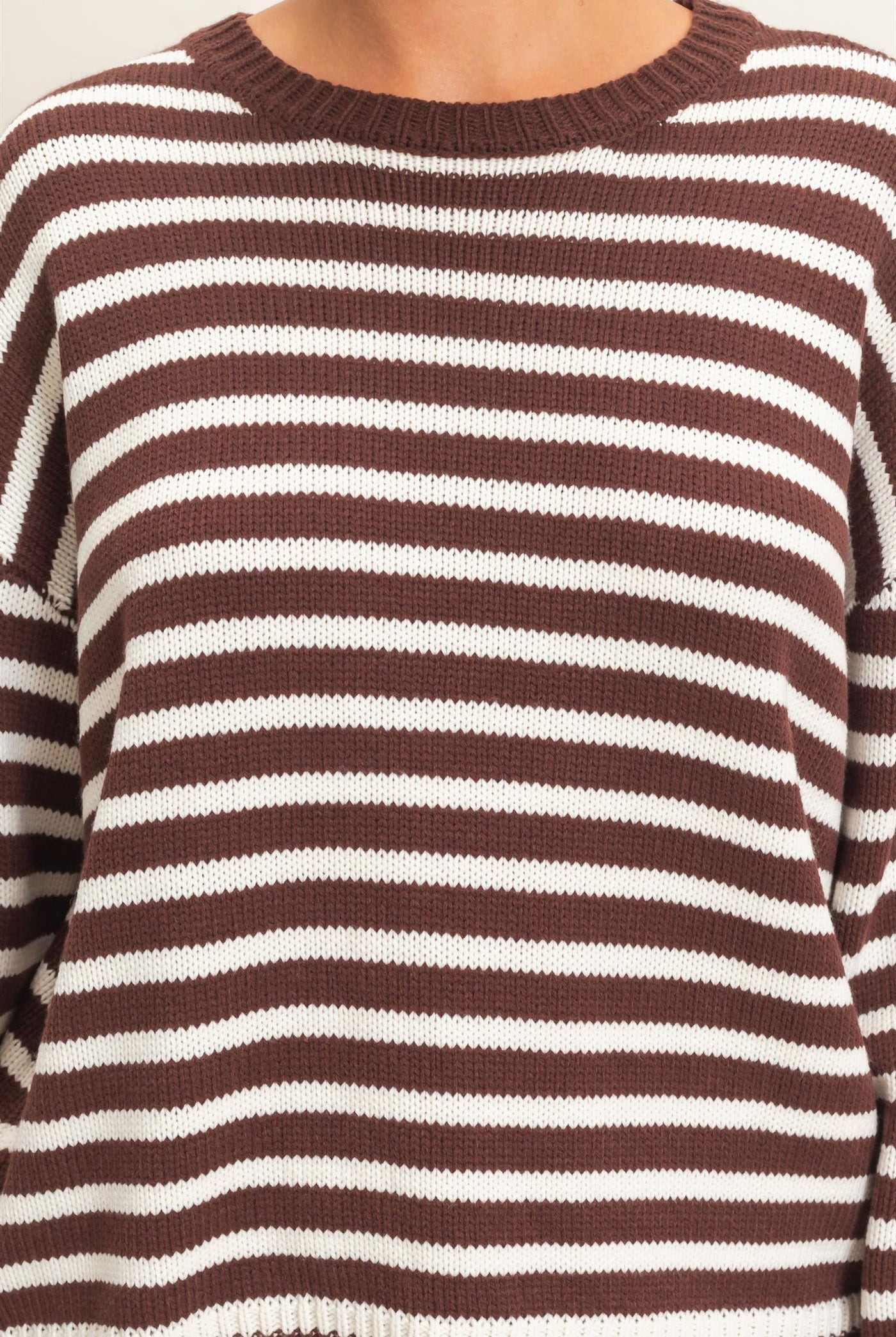 Wholesale Striped Crew Neck Sweater Sweaters DZ26E237 DARK BROWN DOUBLE ZERO
