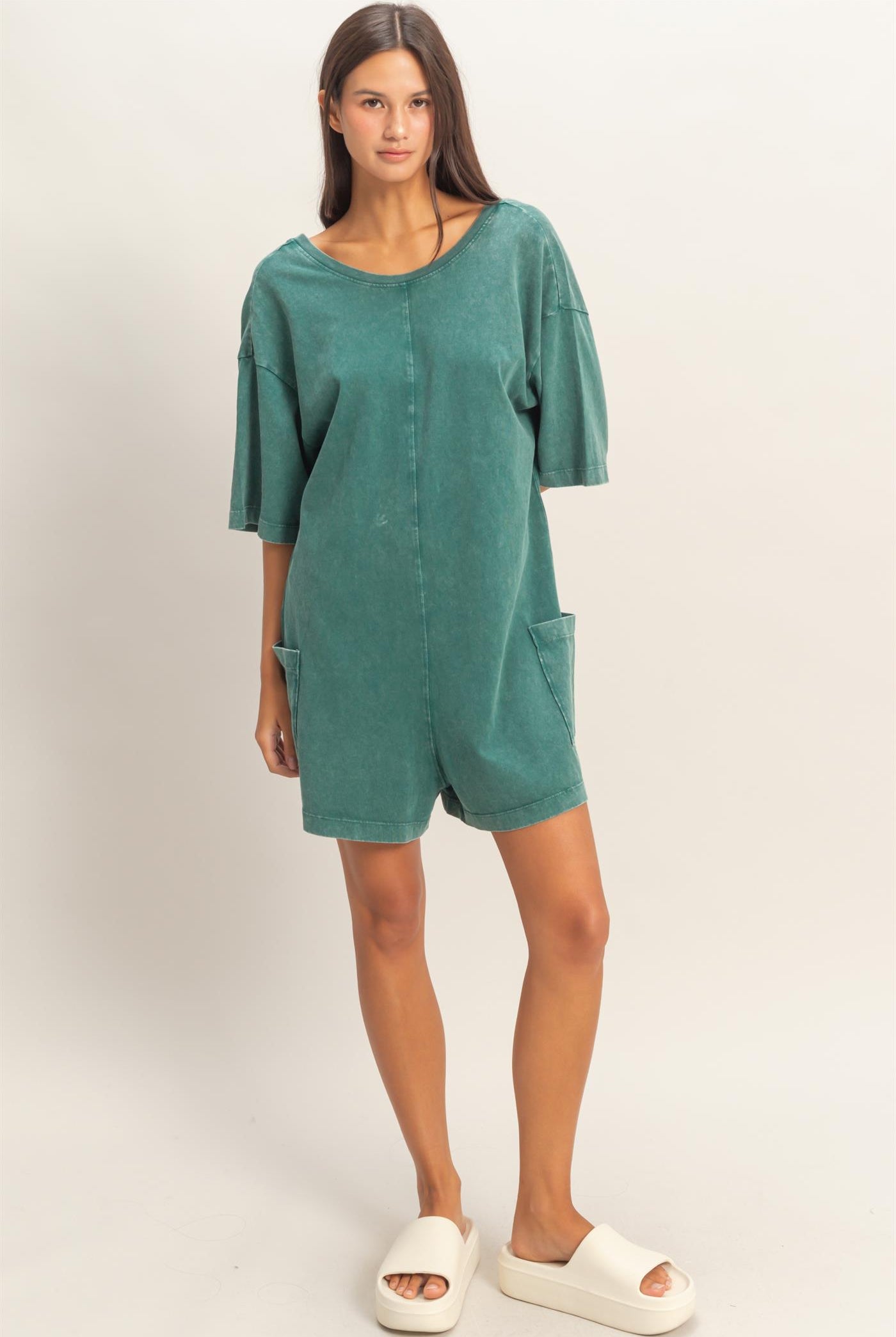 Wholesale Mineral Washed V-Back Romper Clothing DZ26A326 DARK TEAL HYFVE