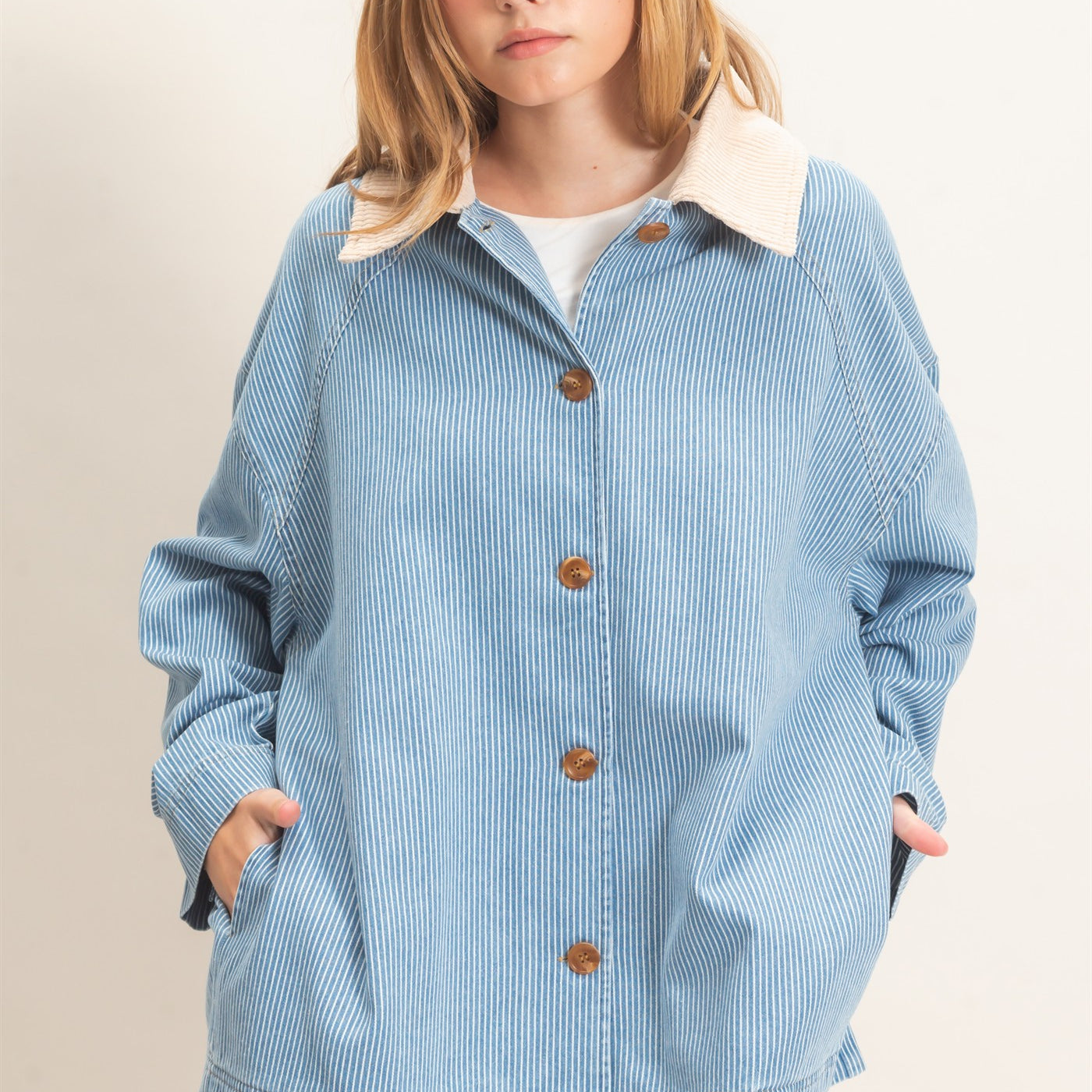 Wholesale Pinstripe Denim Jacket Coats & Jackets HF26C006 LIGHT DENIM HYFVE