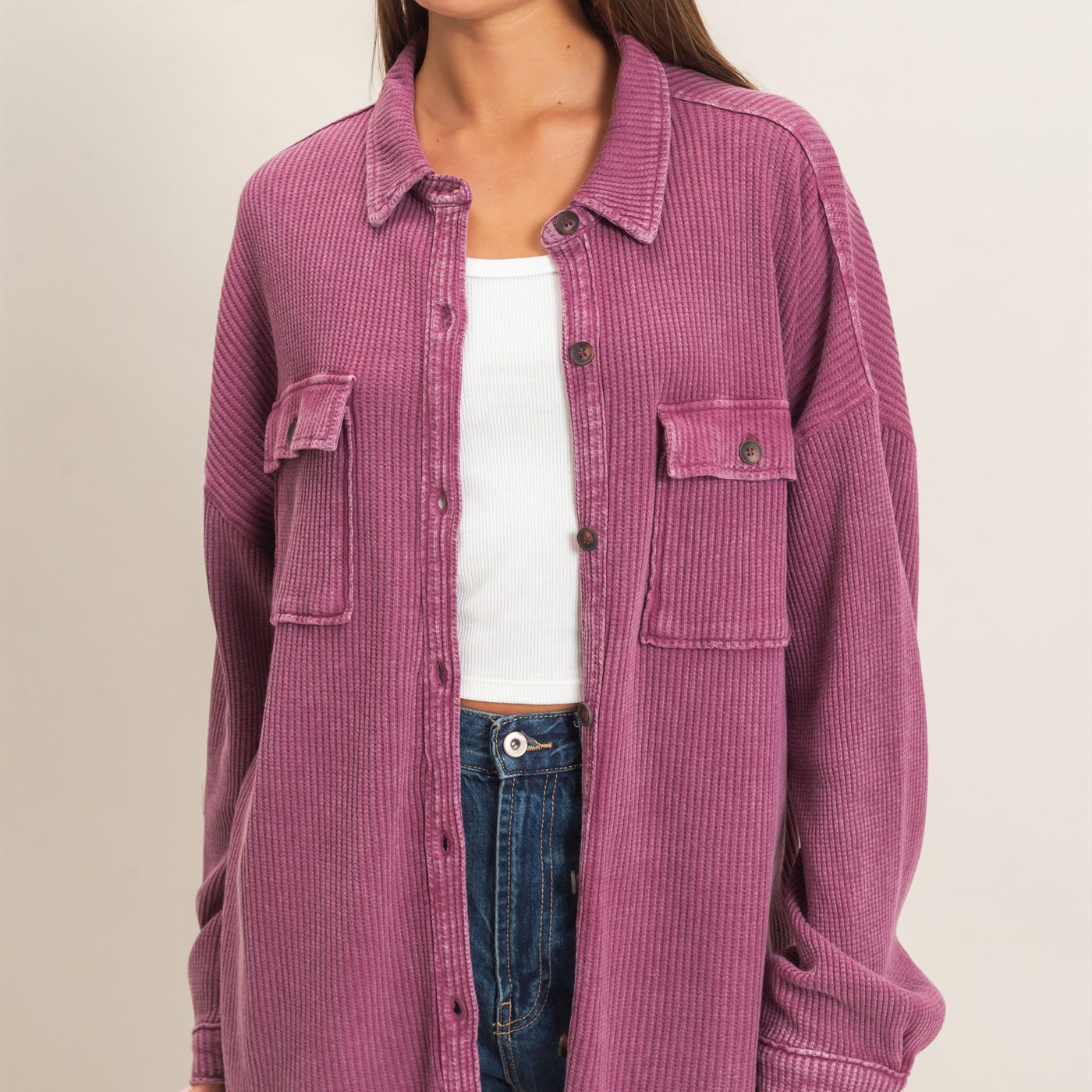 Wholesale Mineral Wash Waffle Knit Button-Up Shacket Coats & Jackets DZ26E249 DARK CHERRY DOUBLE ZERO