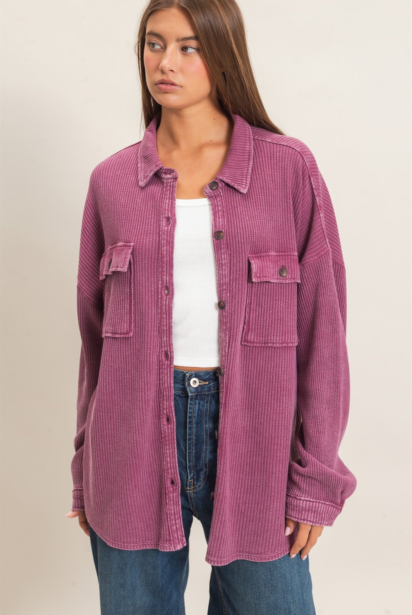 Wholesale Mineral Wash Waffle Knit Button-Up Shacket Coats & Jackets DZ26E249 DARK CHERRY DOUBLE ZERO