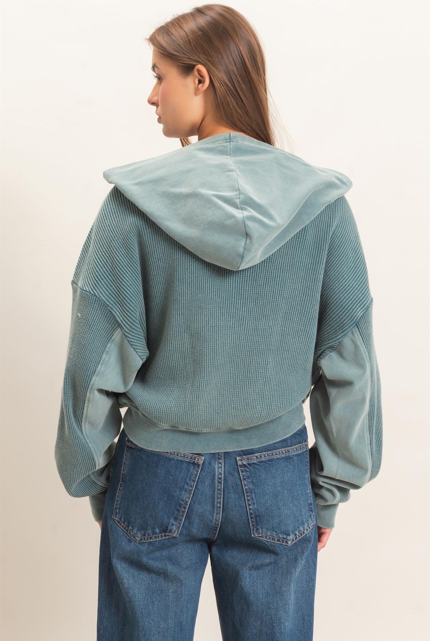 Wholesale Acid Wash Waffle Knit Zip-Up Hoodie Hoodies DZ26E401 DARK TEAL DOUBLE ZERO
