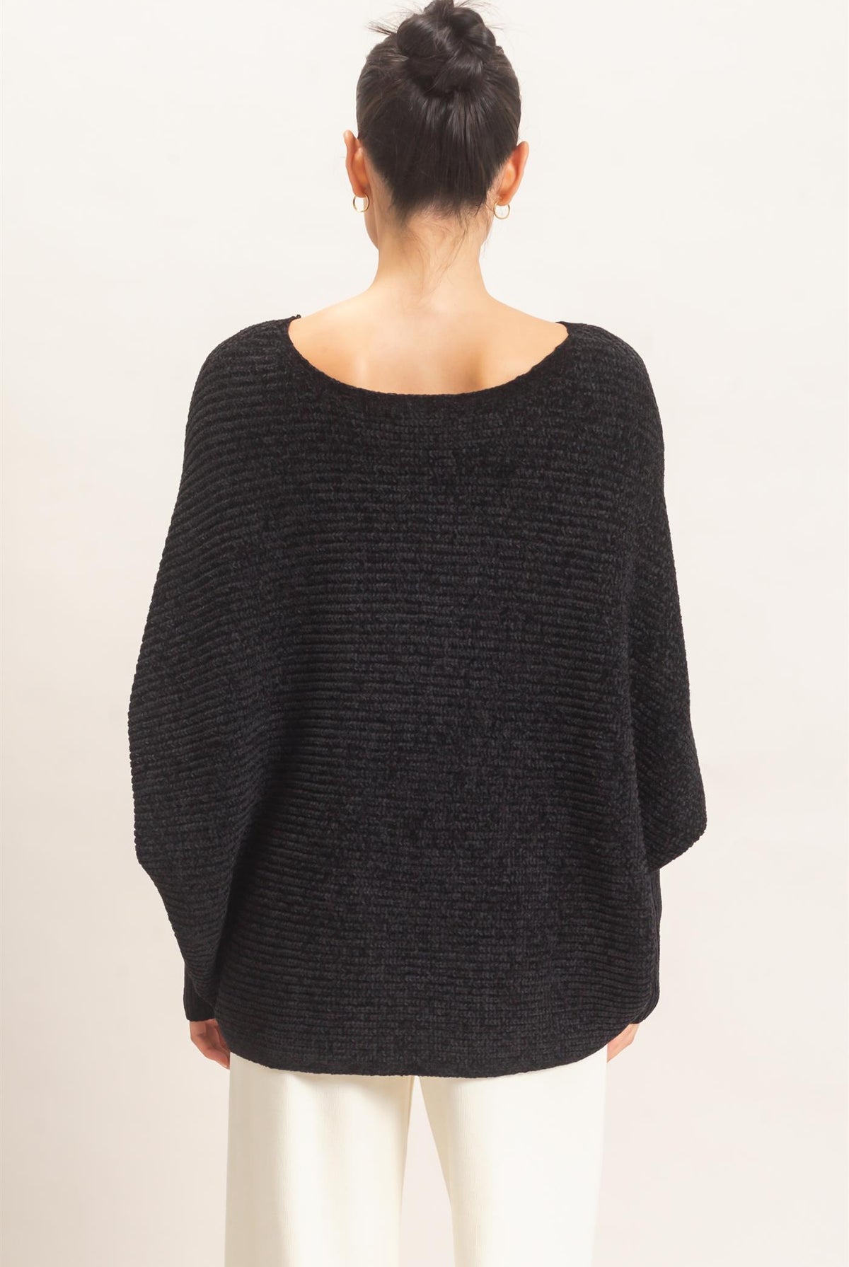 Wholesale Chenille Boat Neck Dolman Sleeve Sweater Sweaters HF26F185 BLACK HYFVE