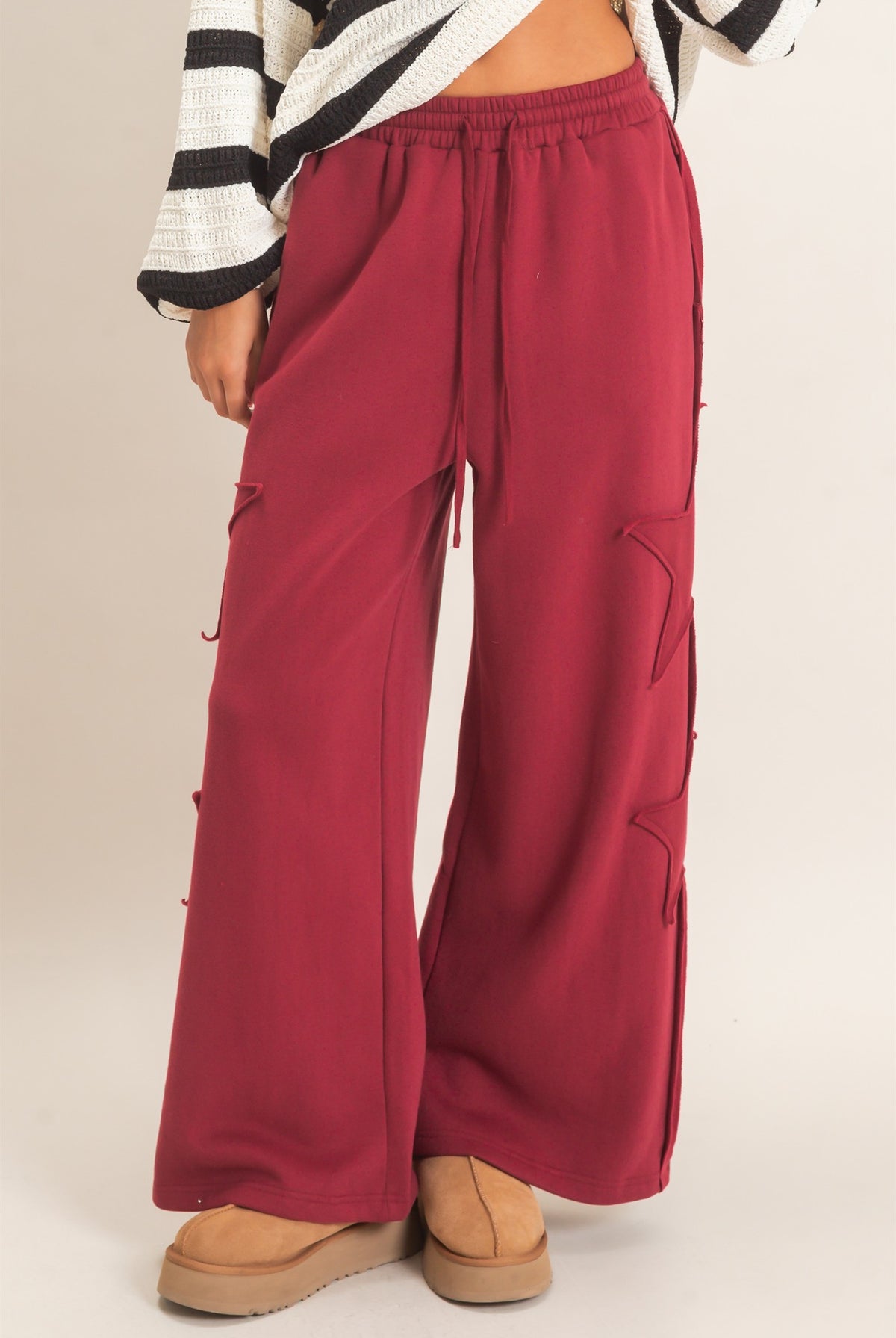 Wholesale French Terry Star Patch Sweatpants Pants DZ27A197 BURGUNDY DOUBLE ZERO