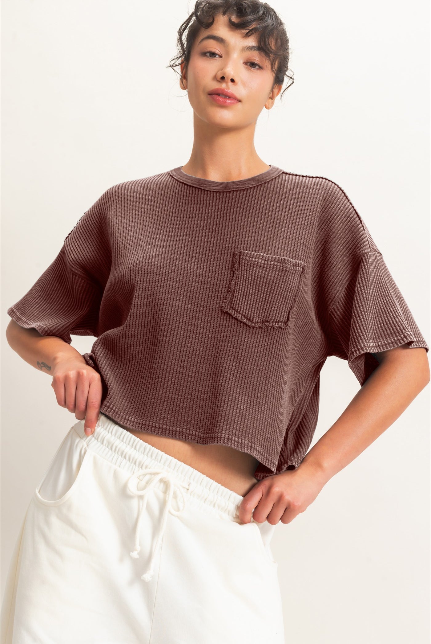 Wholesale Mineral Wash Waffle Knit Pocket Top Clothing Tops DZ26E222 DARK BROWN DOUBLE ZERO