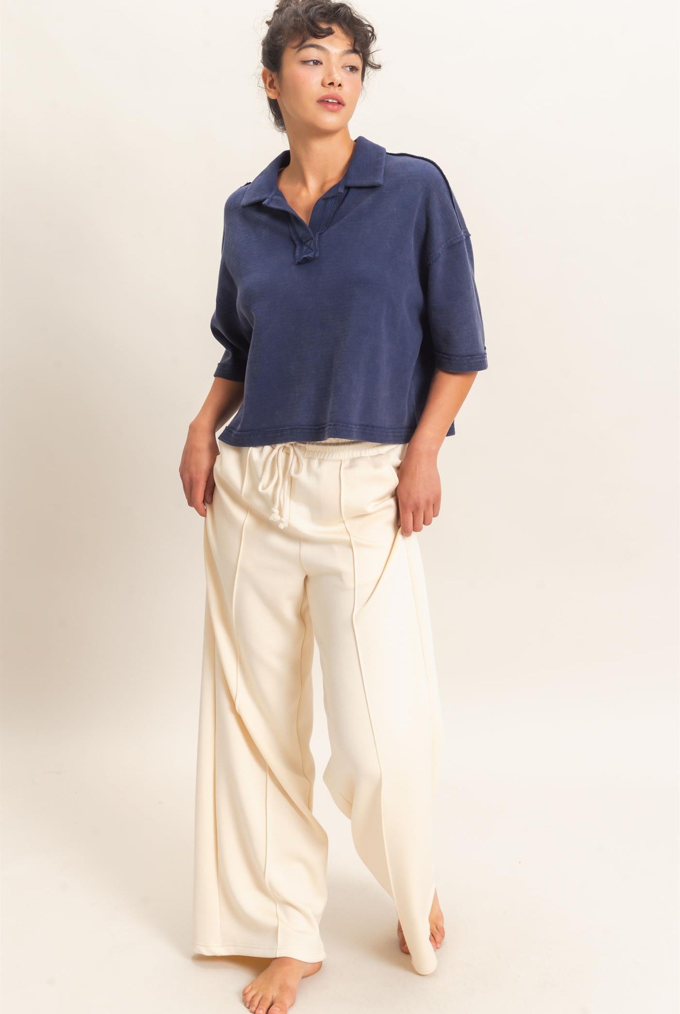 Wholesale Mineral Wash Oversized Collar Short Sleeve Top Clothing Tops DZ26E813 NAVY DOUBLE ZERO