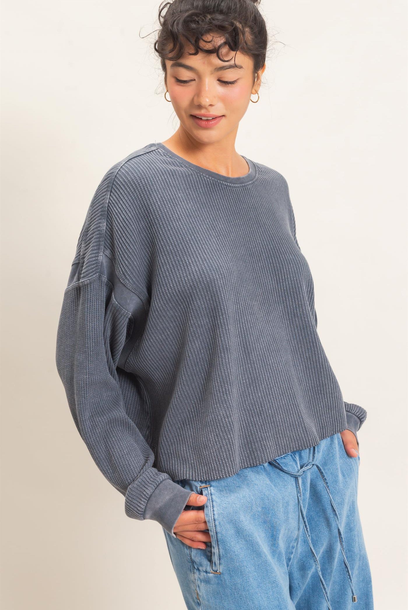 Wholesale Mineral Wash Waffle Open Back Top Clothing Tops DZ26C964 DARK GRAY DOUBLE ZERO
