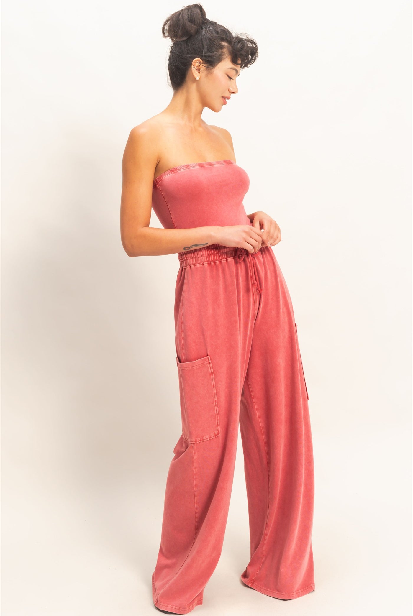 Wholesale Mineral Wash Strapless Wide-Leg Jumpsuit Clothing DZ26C376 DARK RED DOUBLE ZERO