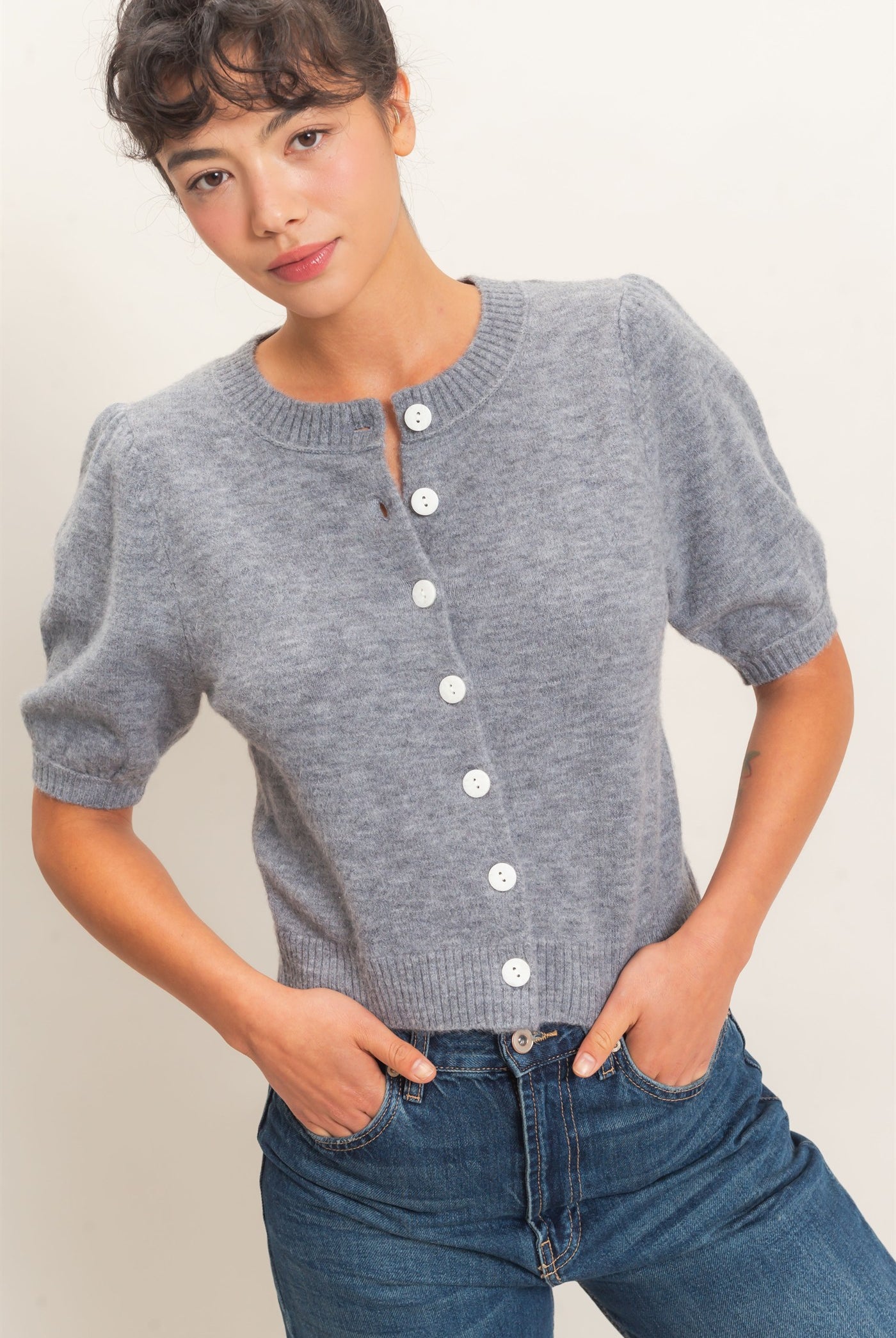 Wholesale Button Front Puff Short Sleeve Cardigan Cardigans DZ26C960 HEATHER GRAY DOUBLE ZERO