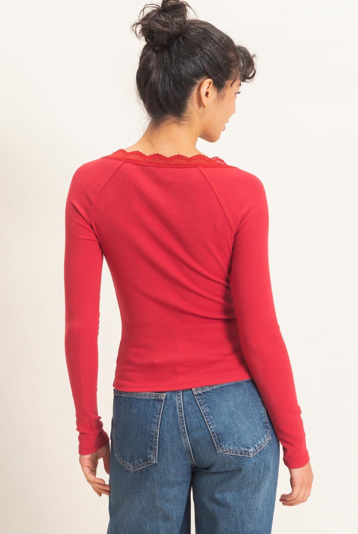 Wholesale Lace-Trim Henley Top Clothing Tops DZ26E325 DARK RED DOUBLE ZERO