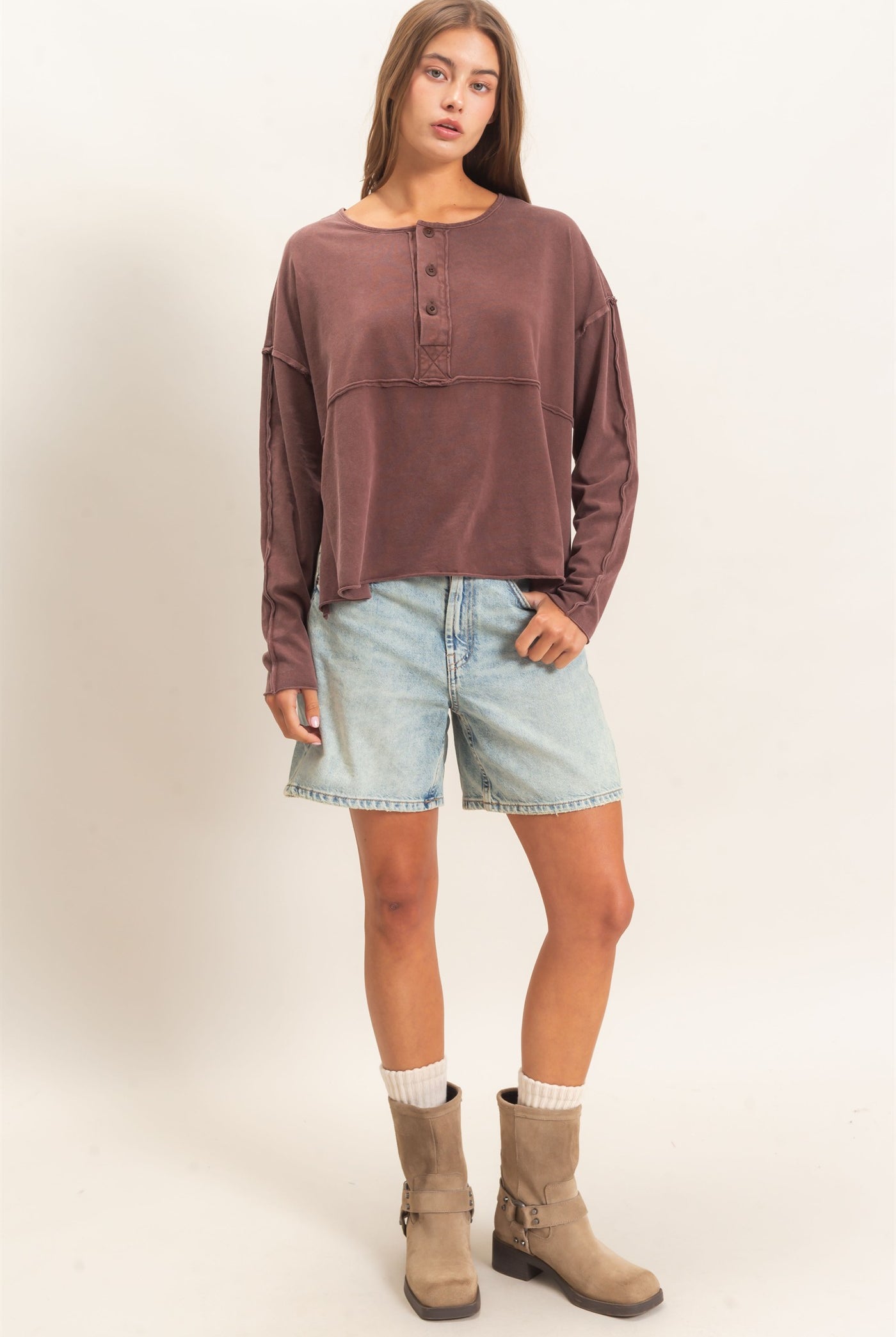 Wholesale Oversized Henley Top With Raw Edges Clothing Tops DZ26F128 DARK BROWN DOUBLE ZERO