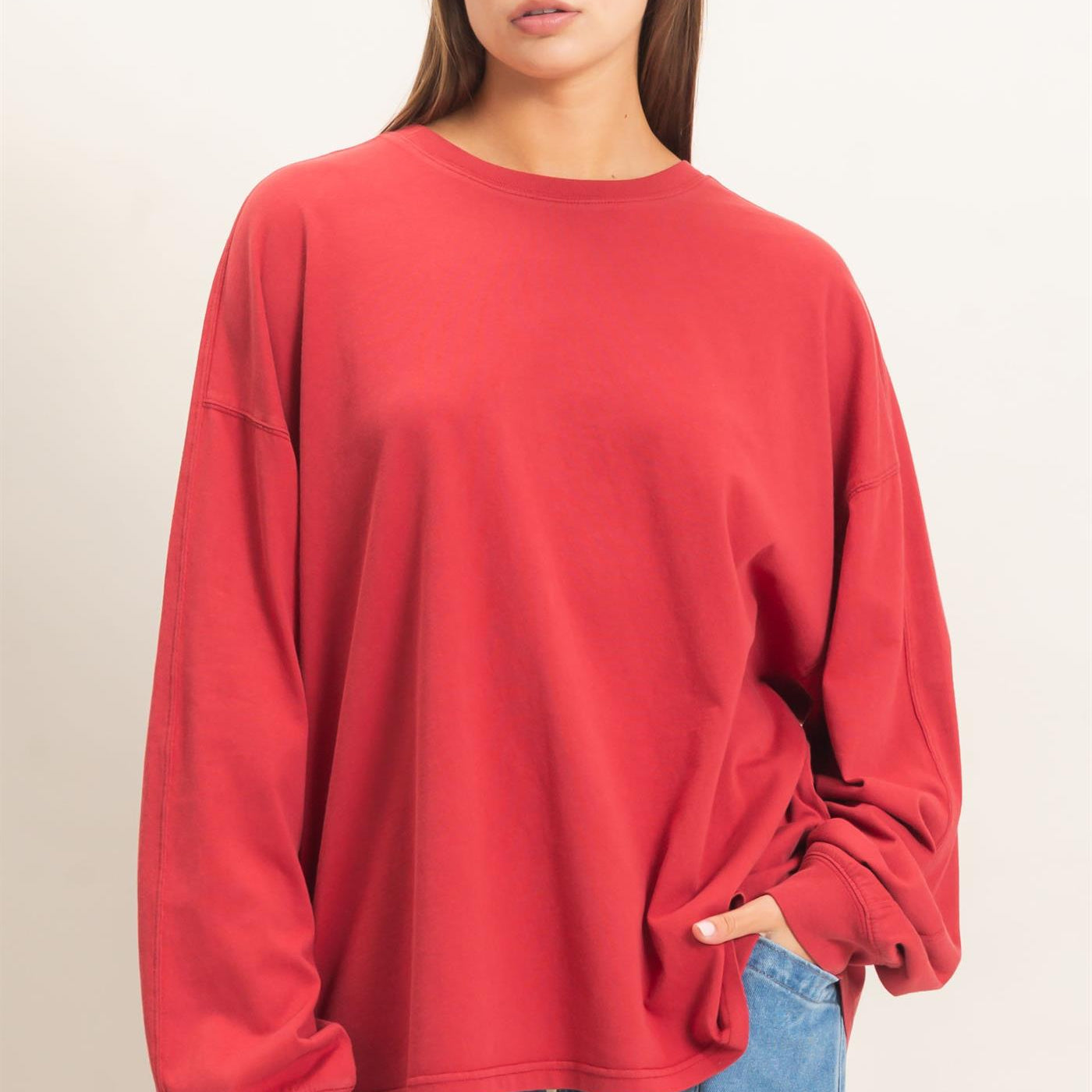 Wholesale Pigment Dye Oversized Long Sleeve Top Clothing Tops DZ26A825 DARK RED DOUBLE ZERO