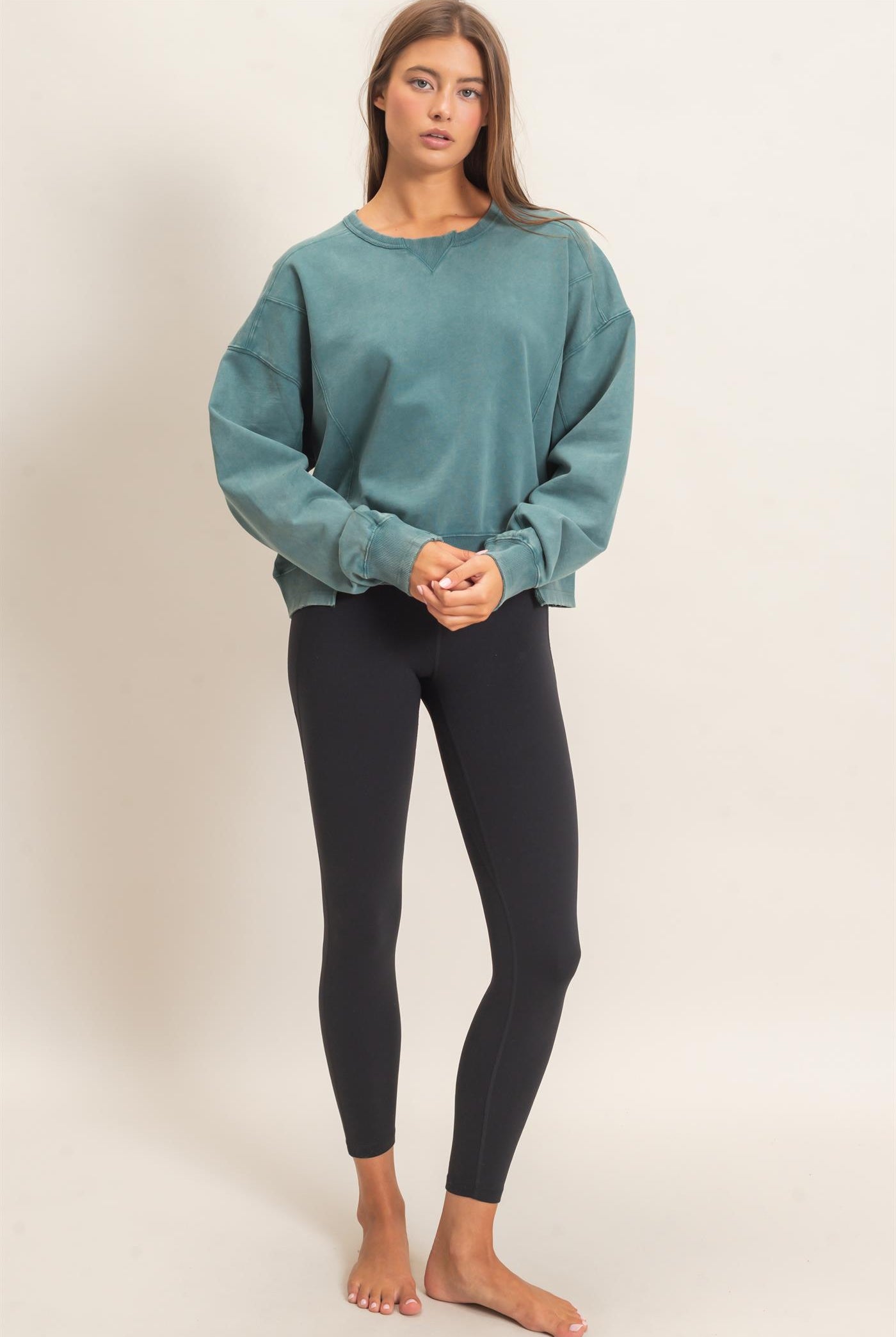 Wholesale Acid Wash Seam Detail Crew Neck Sweatshirt Sweatshirts DZ26E260 DARK TEAL DOUBLE ZERO