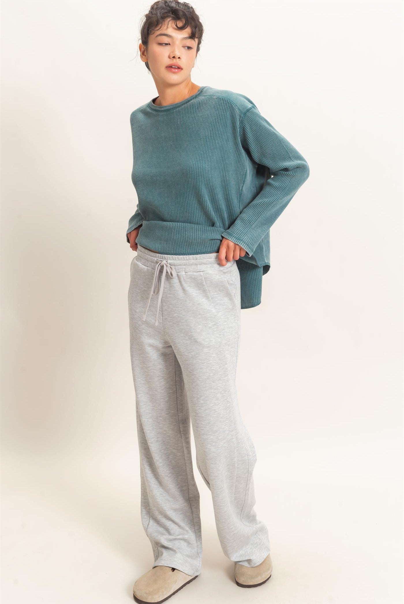 Wholesale Oversized Mineral Washed Waffle Knit Top Clothing Tops DZ26E654 DARK TEAL DOUBLE ZERO