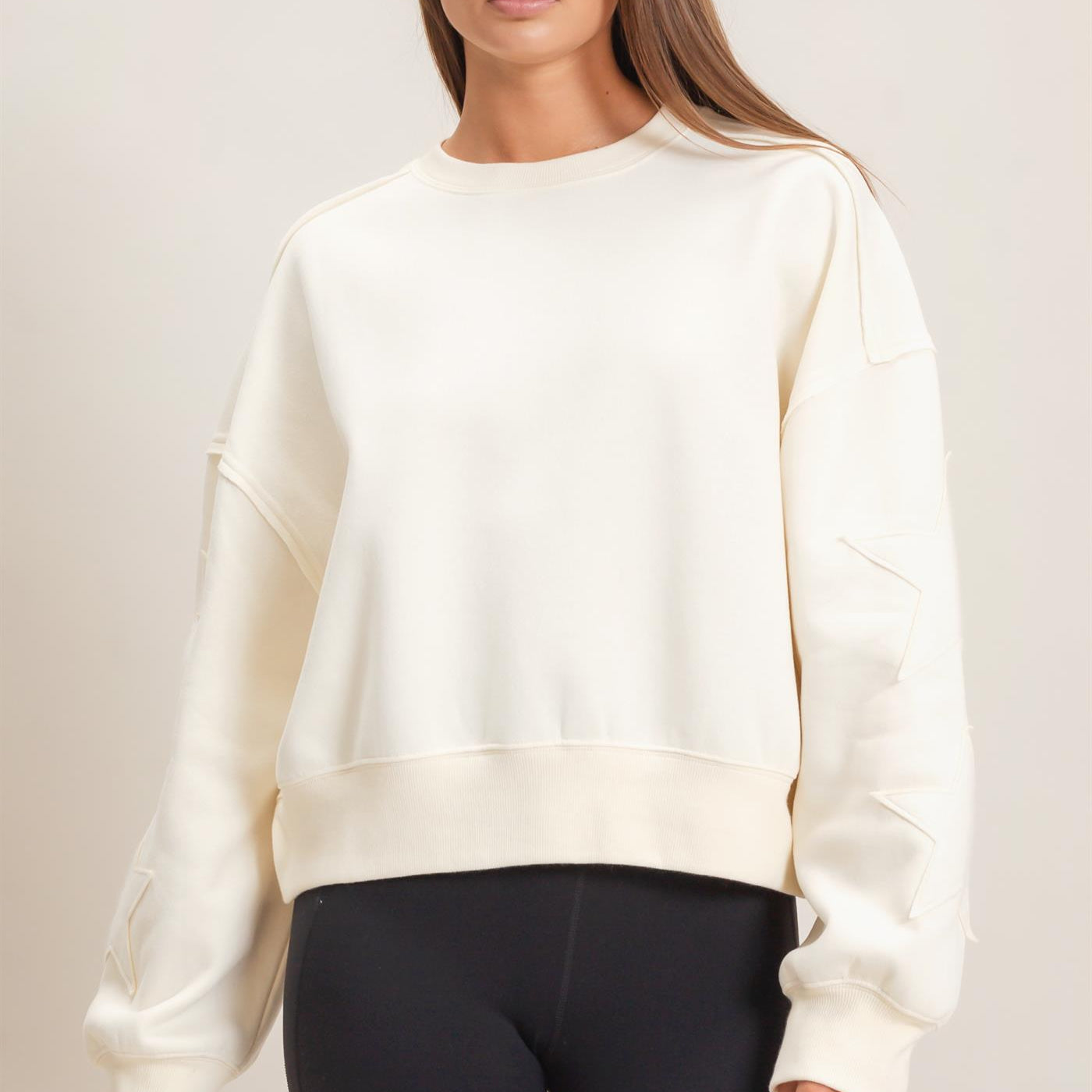 Wholesale Star Patch Sleeve Sweatshirt Sweatshirts DZ26E888 CREAM DOUBLE ZERO