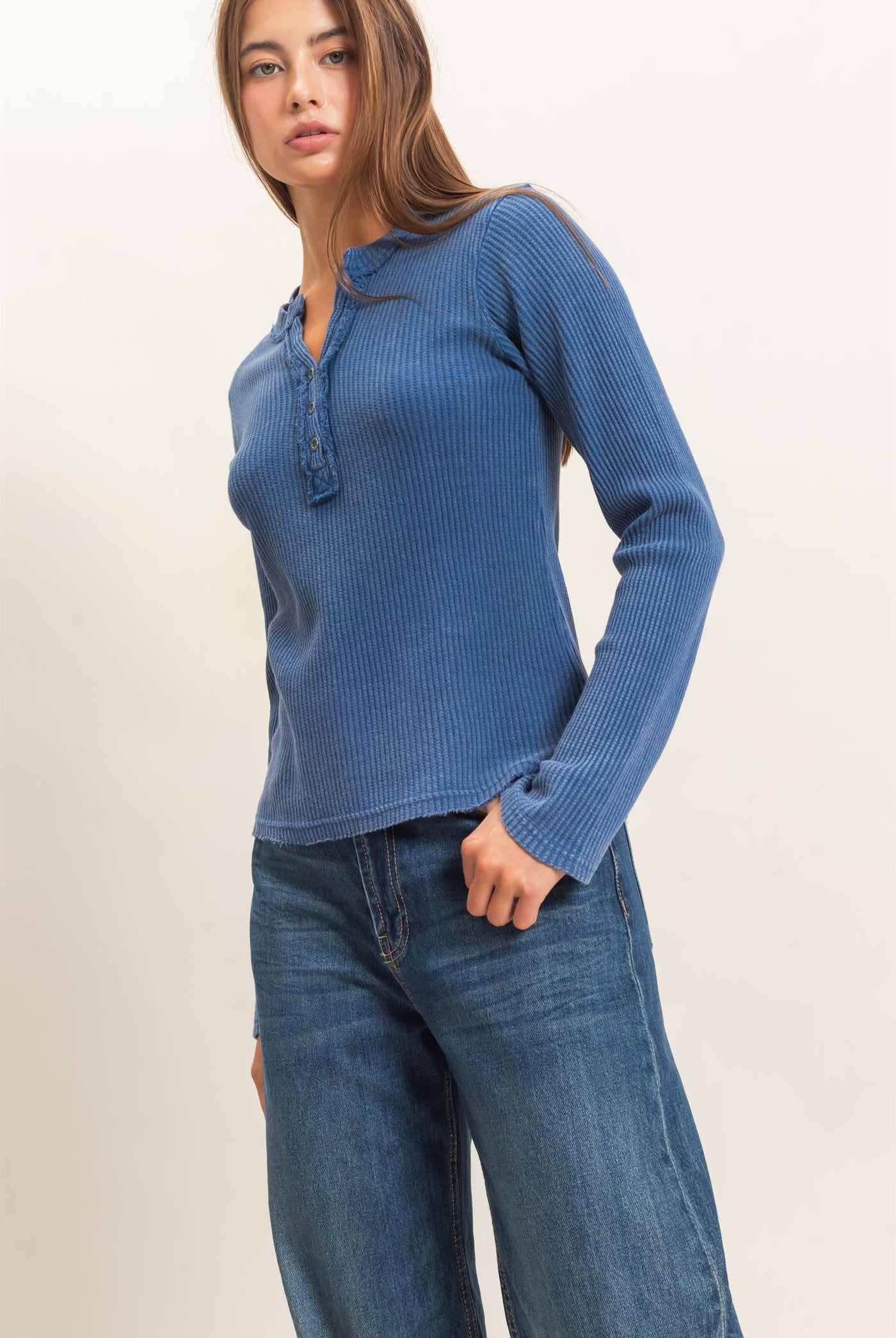 Wholesale Mineral Wash Waffle Henley Long Sleeve Top Clothing Tops DZ26E243 NAVY DOUBLE ZERO