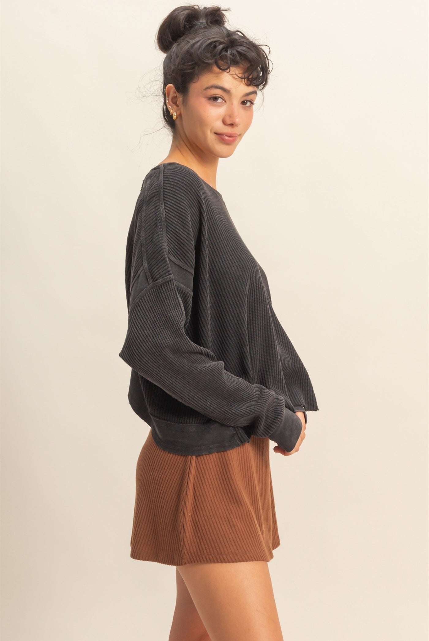 Wholesale Open Back Textured Knit Long Sleeve Top Clothing Tops DZ26A626 BLACK DOUBLE ZERO