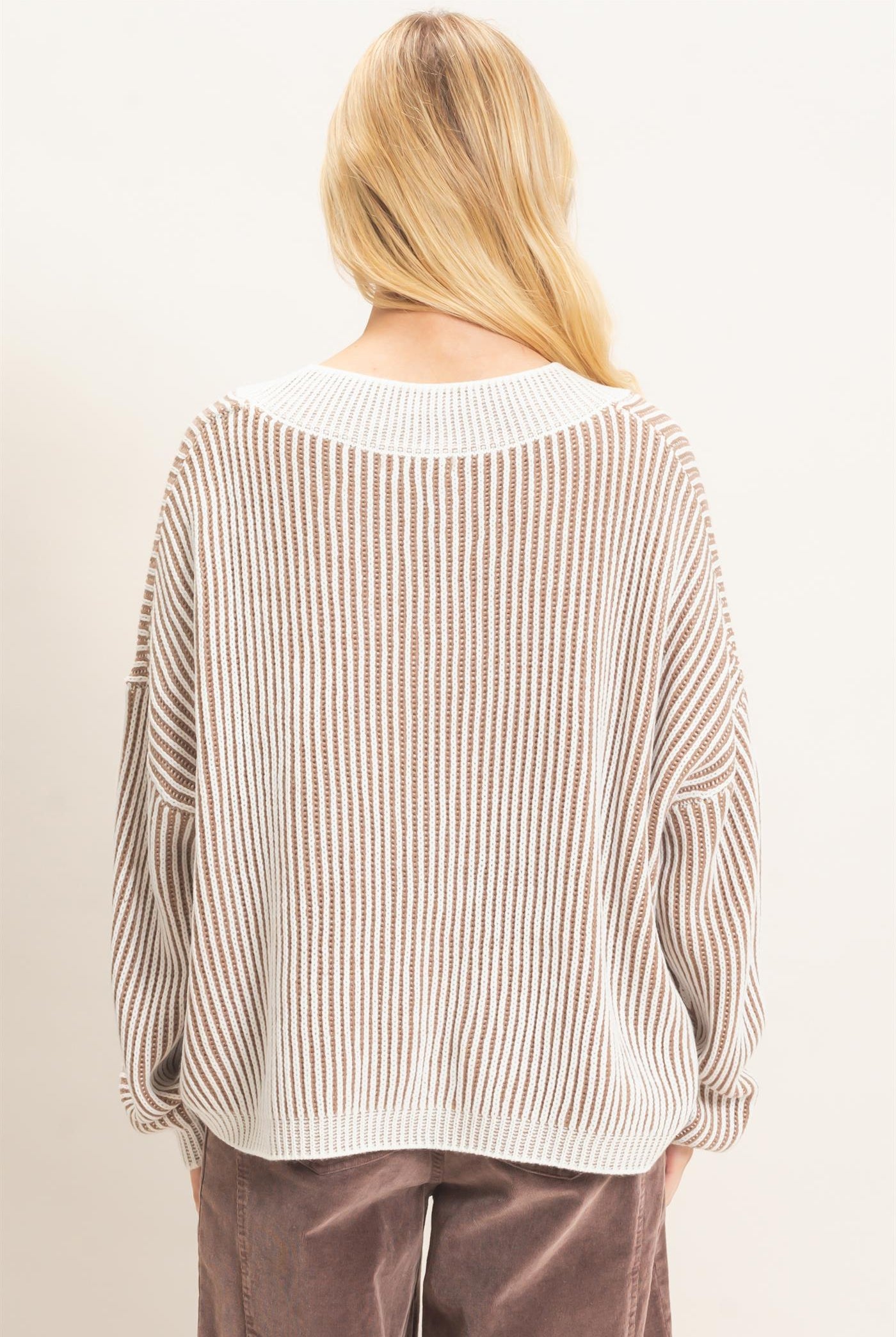 Wholesale Striped V-Neck Ribbed Sweater Sweaters HF26F202 TAUPE HYFVE