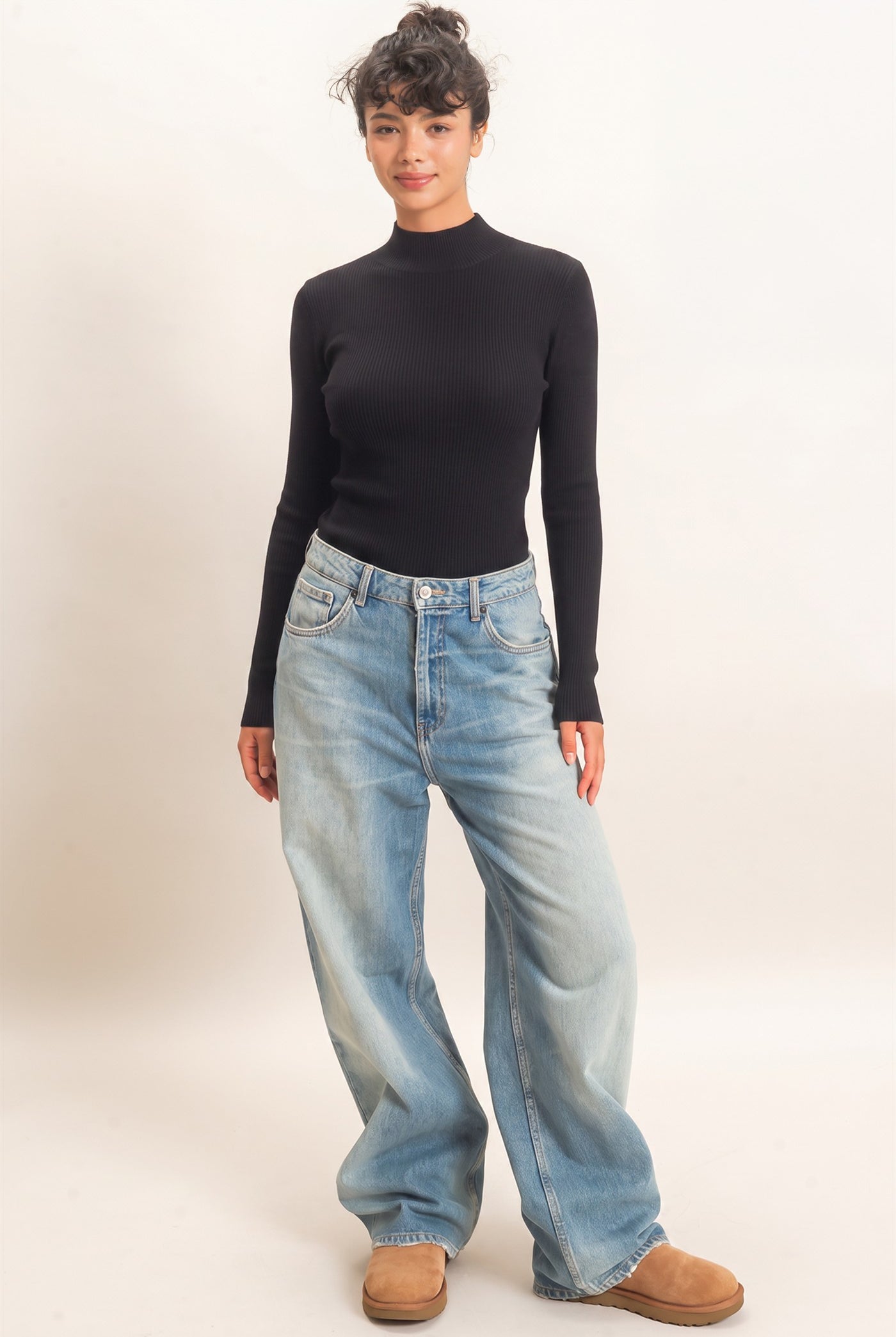 Wholesale Ribbed Mock Neck Long Sleeve Knit Top Clothing Tops DZ26F201 BLACK DOUBLE ZERO